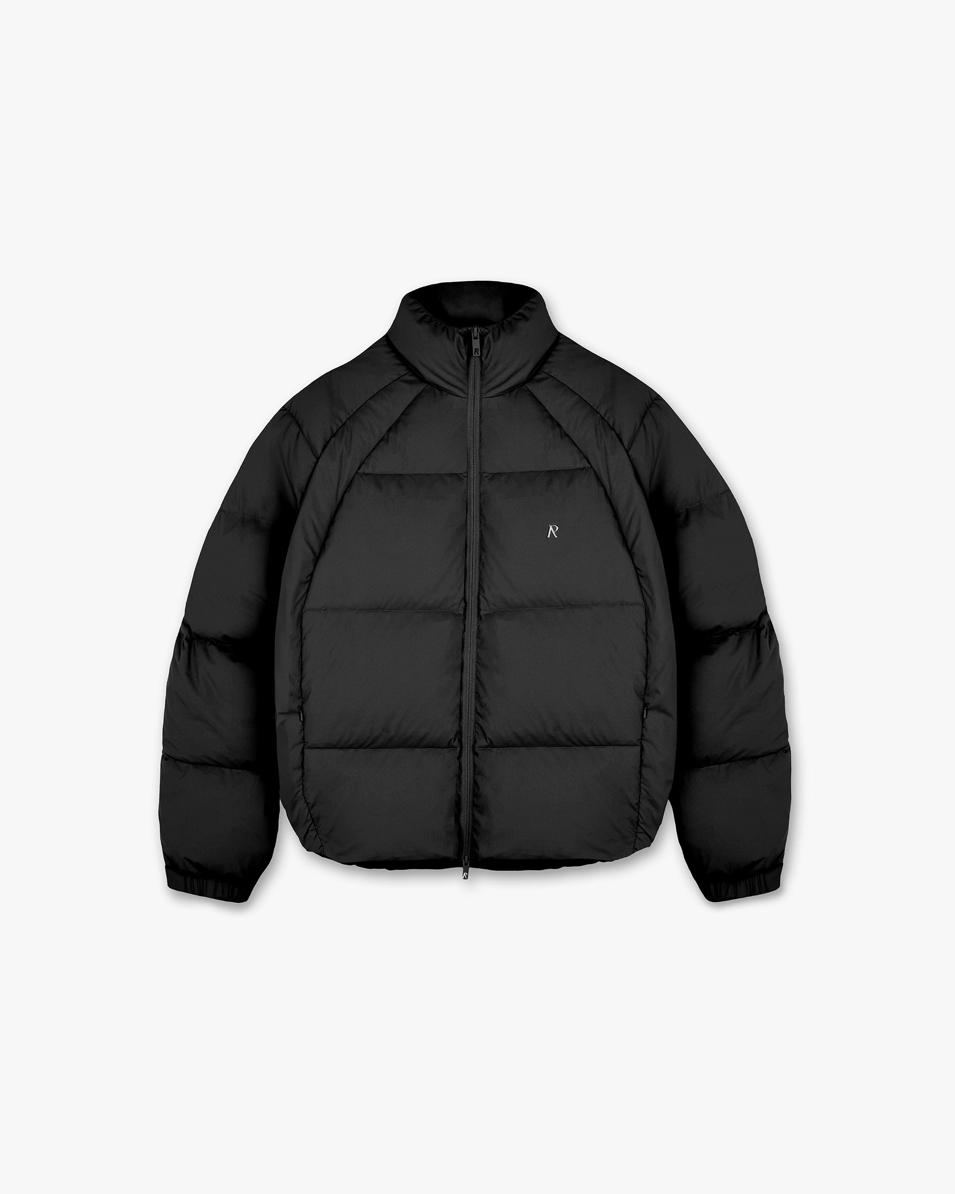 Front product image of a mens black puffer jacket on a plain white background | Funnel Neck Puffer in Black | Puffer jacket with funnel neck design | PRE SS25 Outerwear | Represent Clo
