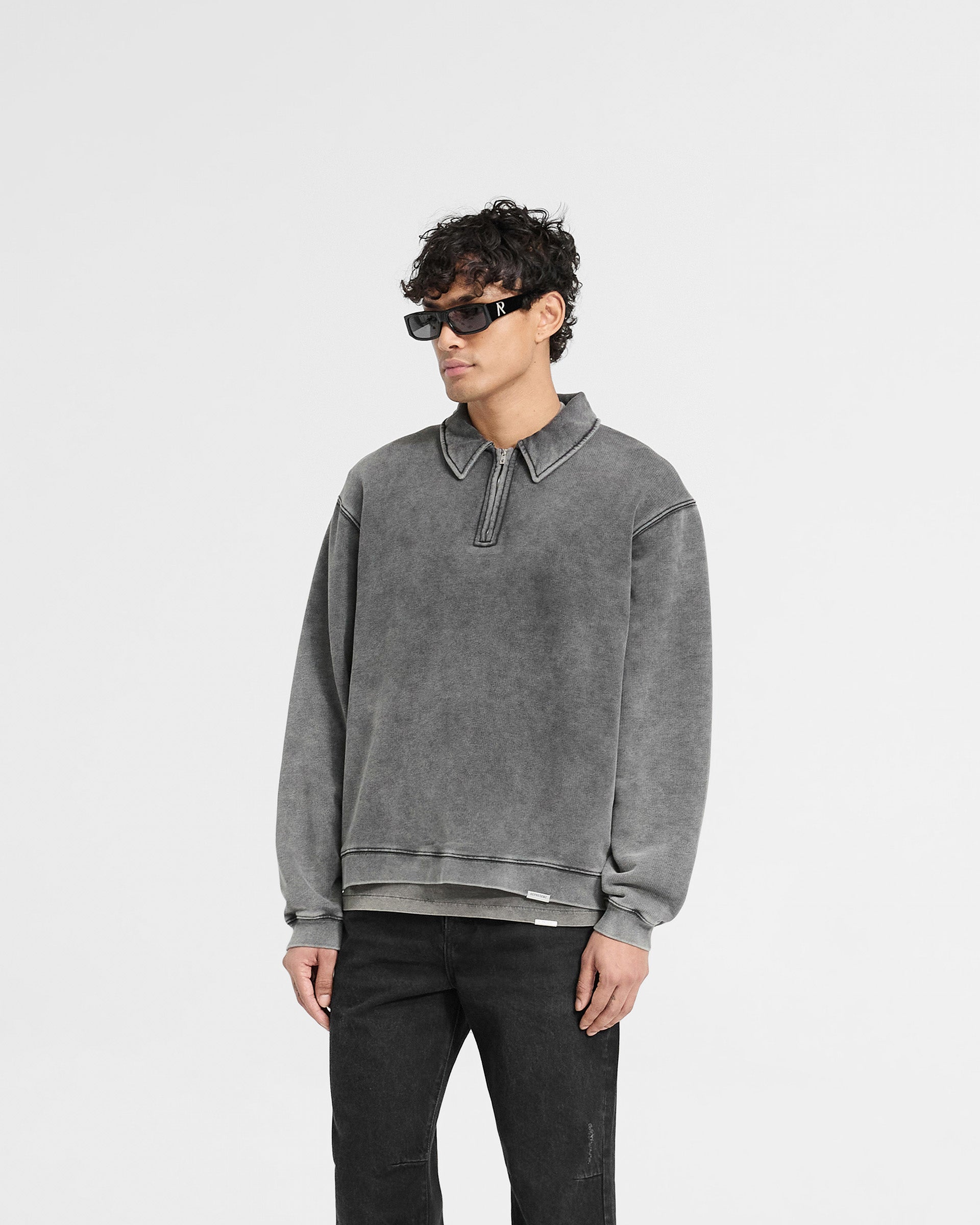 Back product image of a mens grey quarter zip sweater on a plain white background | Initial Boxy Quarter Zip in Vintage Grey | Oversized boxy fit with super cropped body | Initial Sweaters | Represent Clo