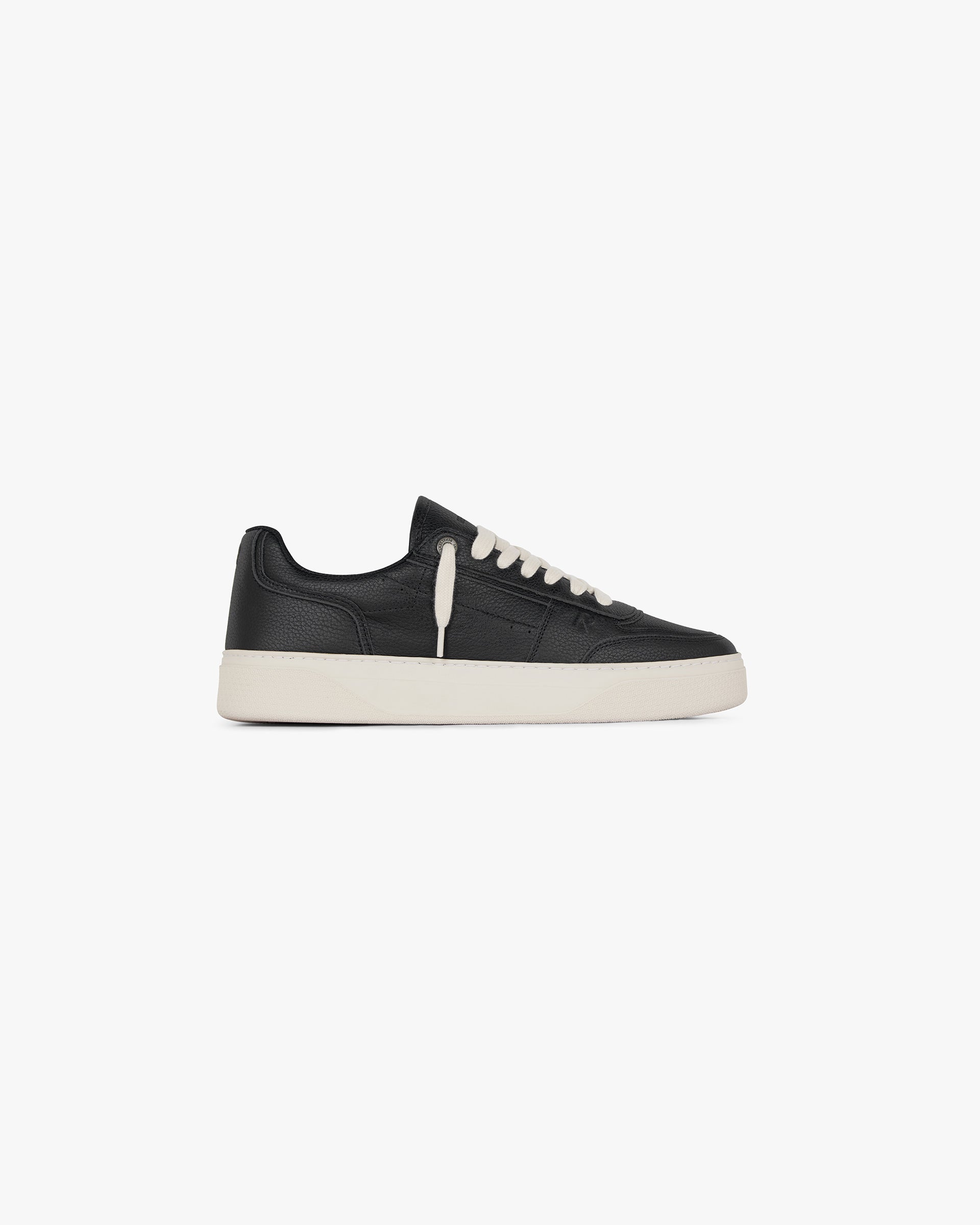 Front product image of a mens black leather sneaker on a plain white background | Initial Sneaker in Black | Leather sneaker with classic silhouette | FW24 Footwear | Represent Clo