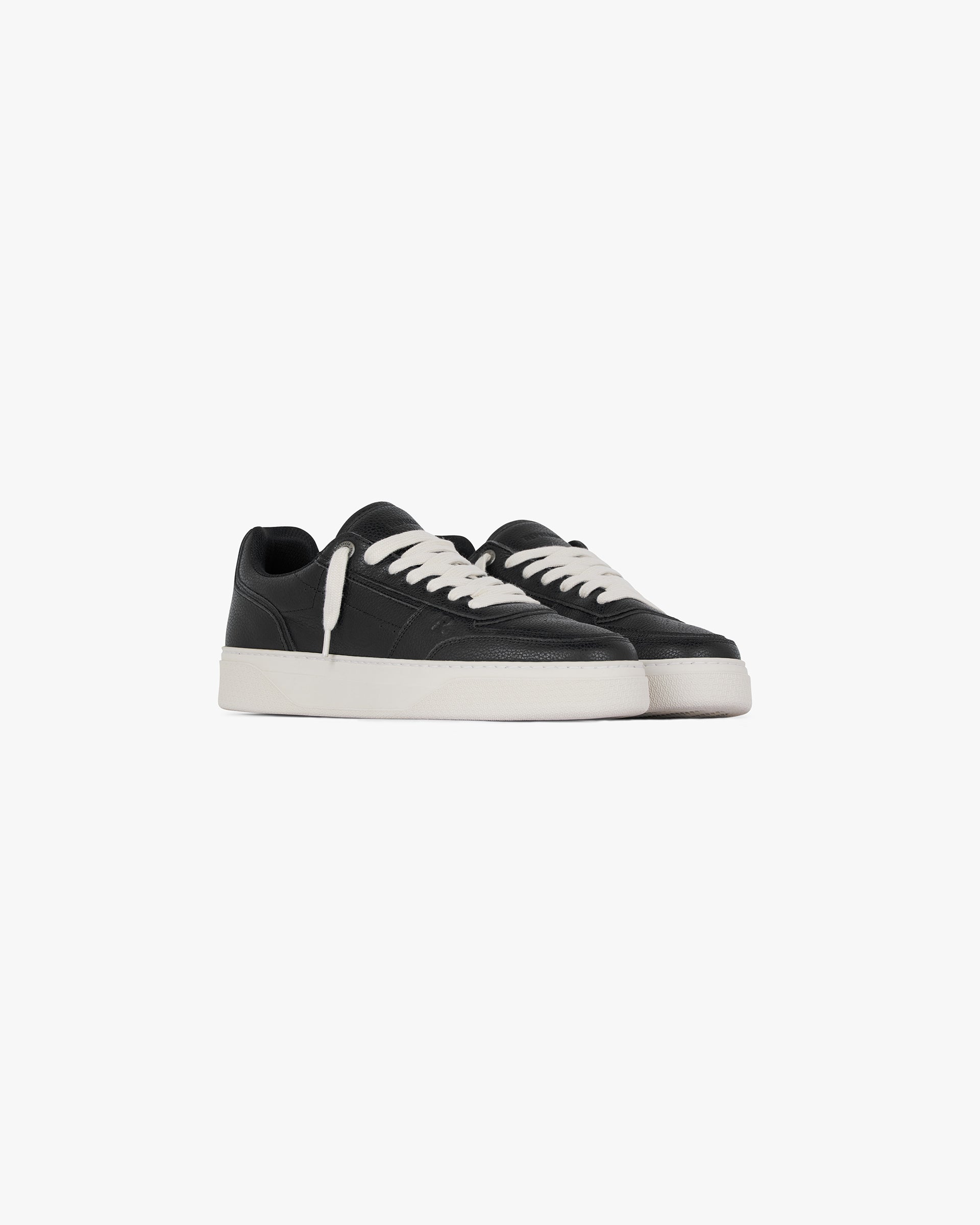 Back product image of a mens black leather sneaker on a plain white background | Initial Sneaker in Black | Tumbled leather upper with rubber midsole and tread | FW24 Footwear | Represent Clo