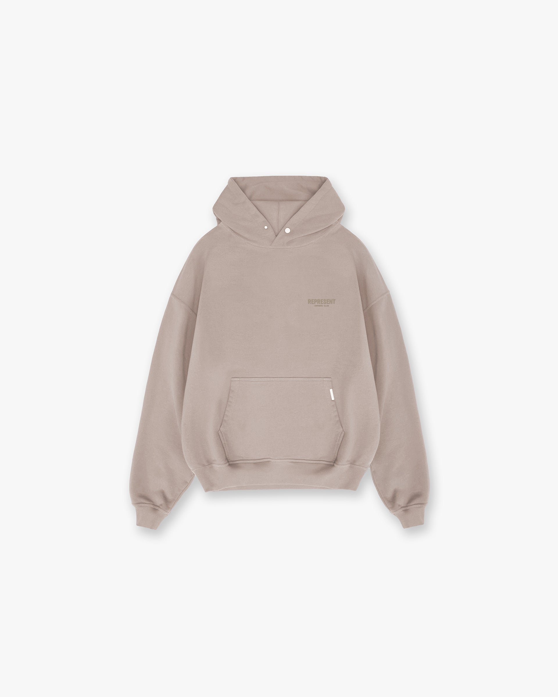 Back product image of a mens mushroom hoodie on a plain white background | Represent Owners Club Hoodie in Mushroom | Oversized fit hoodie with ribbed hems and cuffs | Owners Club Hoodies | Represent Clo