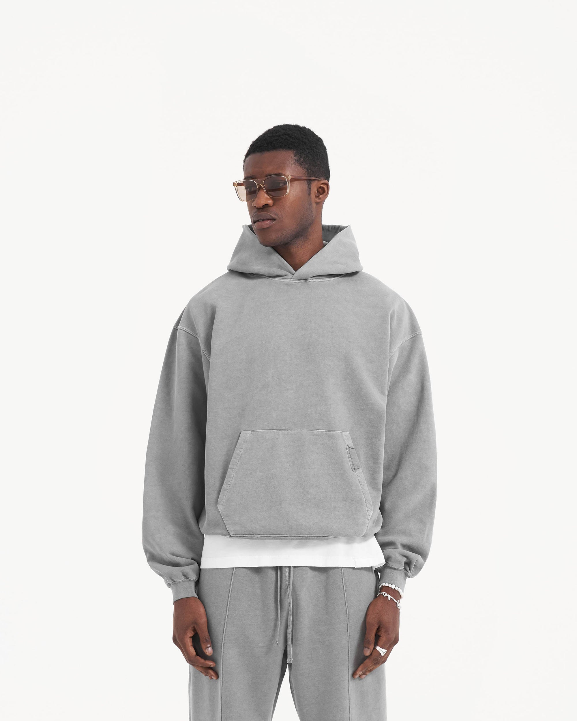 Back product image of a mens grey hoodie on a plain white background | Initial Hoodie in Ultimate Grey | Hoodie with boxy fit and rib detailing | Initial Hoodies | Represent Clo