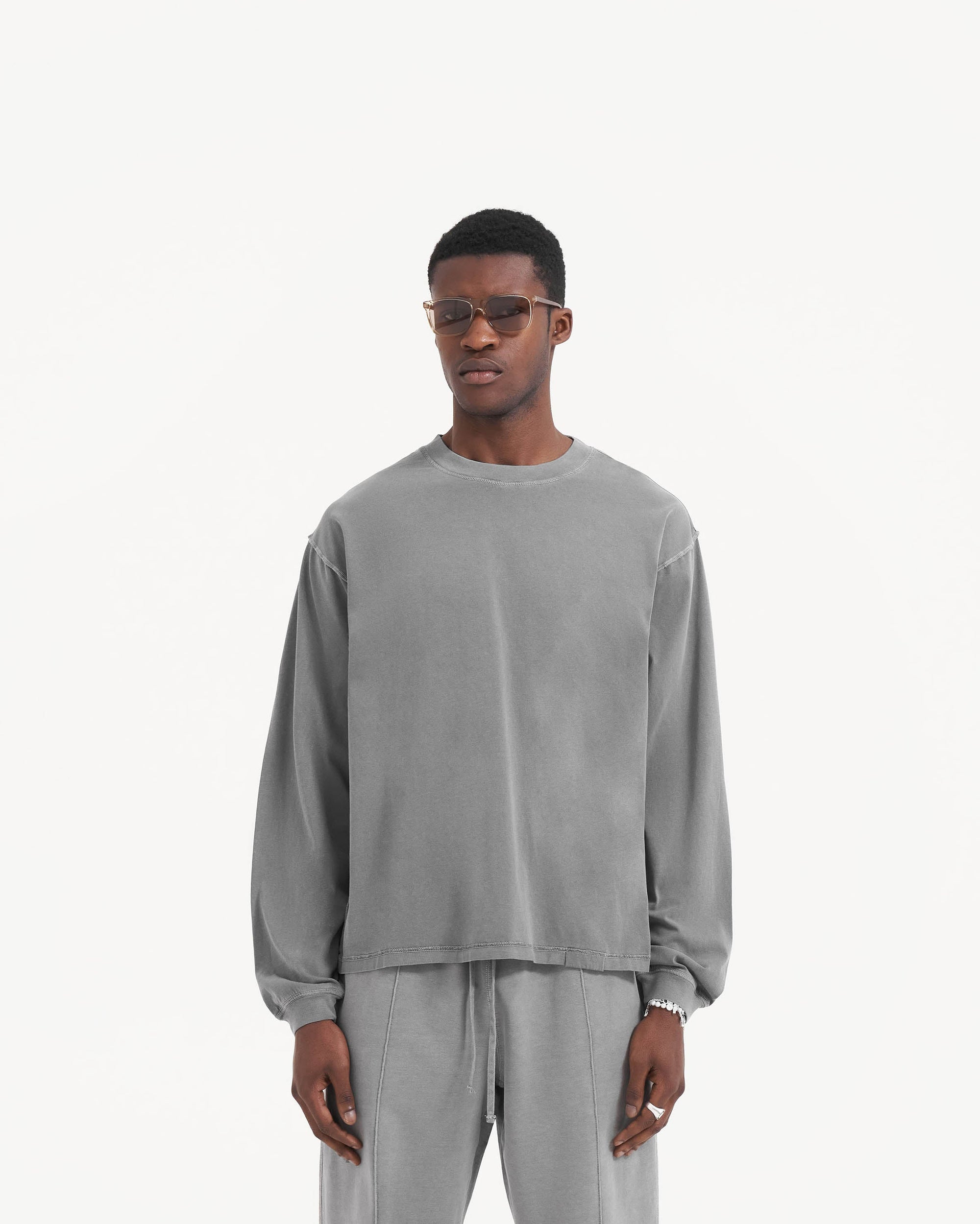 Back product image of a mens grey long sleeve t-shirt on a plain white background | Initial Long Sleeve T-Shirt in Ultimate Grey | Oversized long sleeve t-shirt with external overlock seams | Initial T-Shirts | Represent Clo