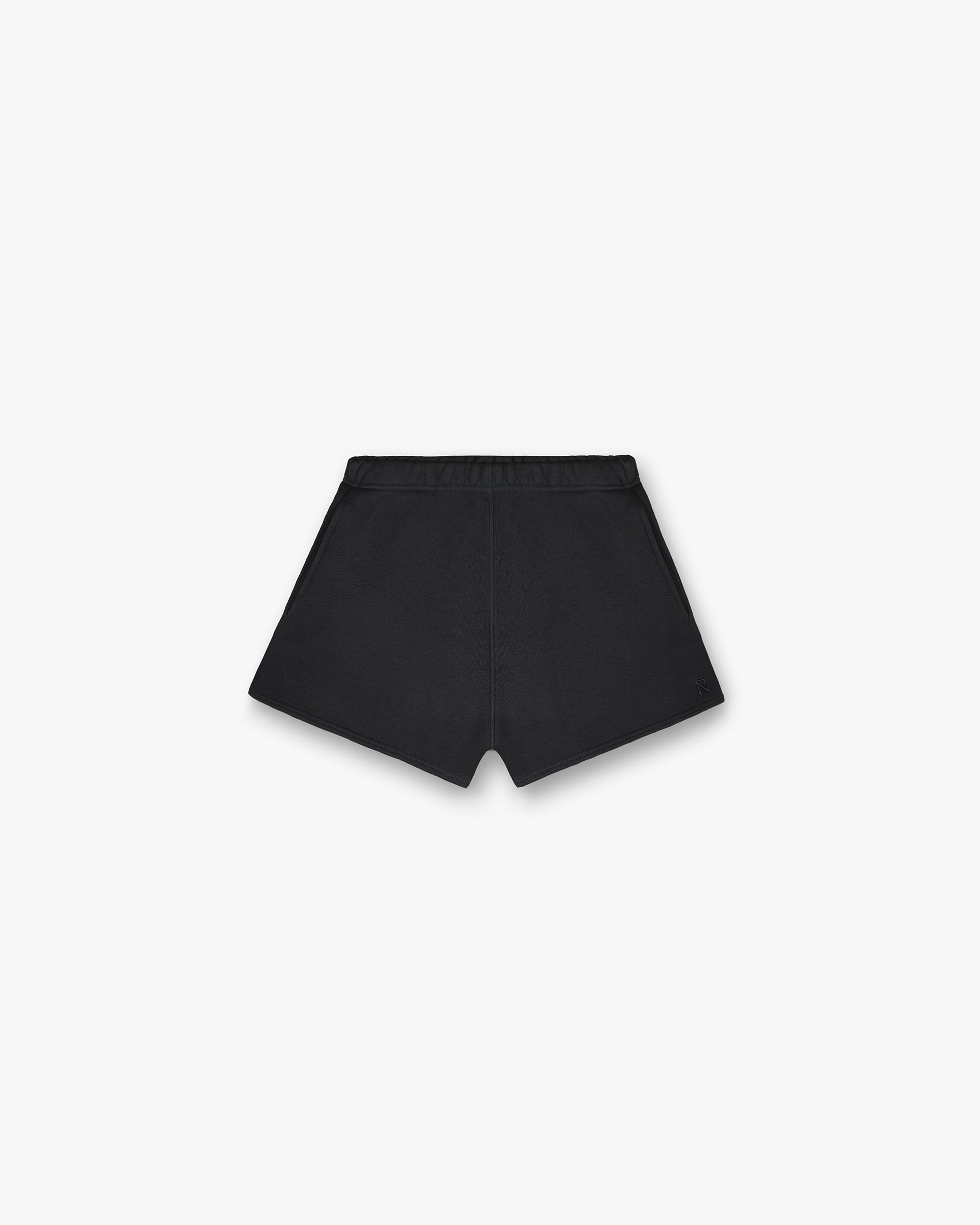 Front product image of womens black shorts on a plain white background | Initial Washed Shorts in Washed Black | Viscose shorts with watermark print | Womens Initial Shorts | Represent Clo