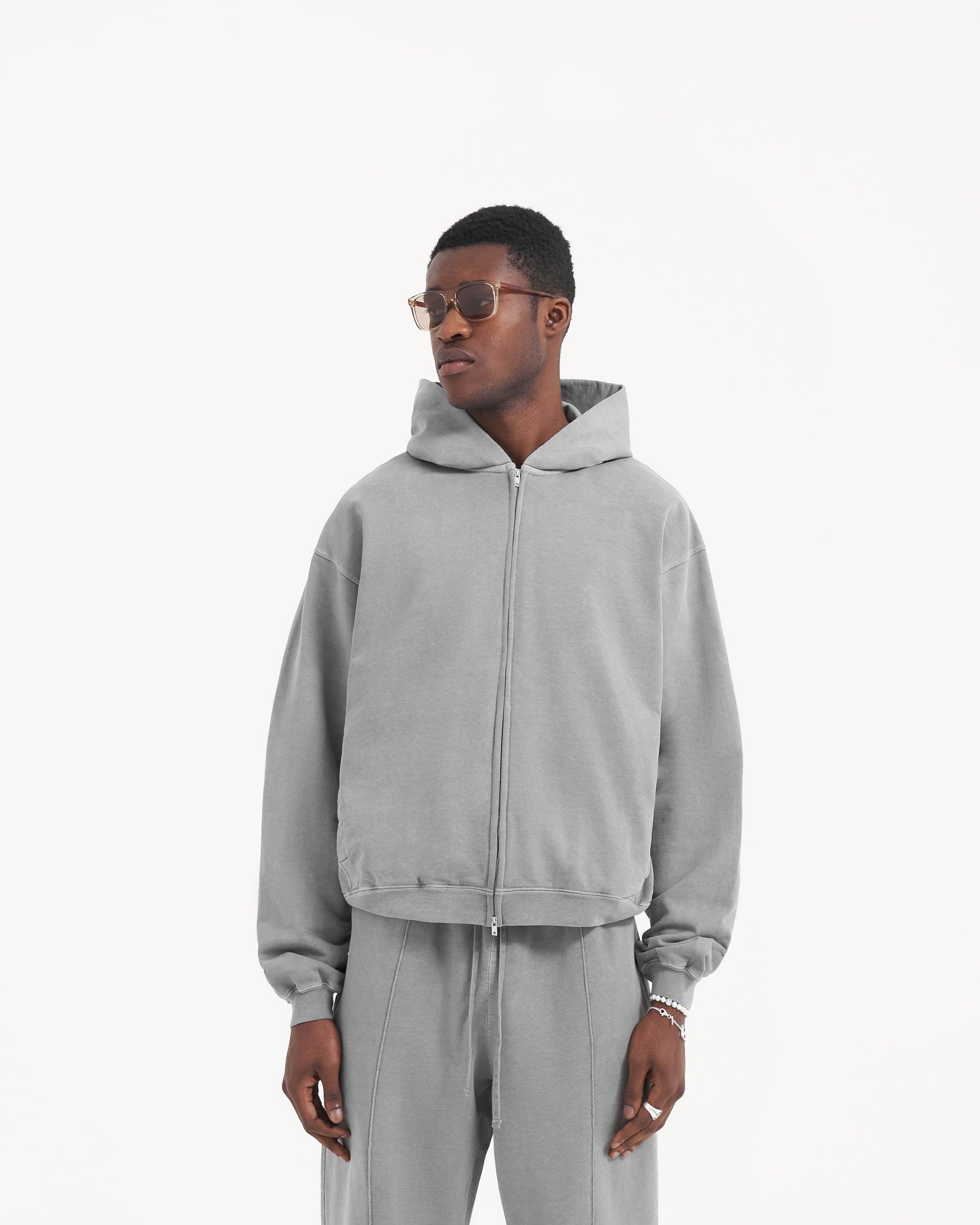 Back product image of a mens grey zip hoodie on a plain white background | Initial Zip Hoodie in Ultimate Grey | Slightly oversized zip up hoodie with welt pockets | Initial Hoodies | Represent Clo