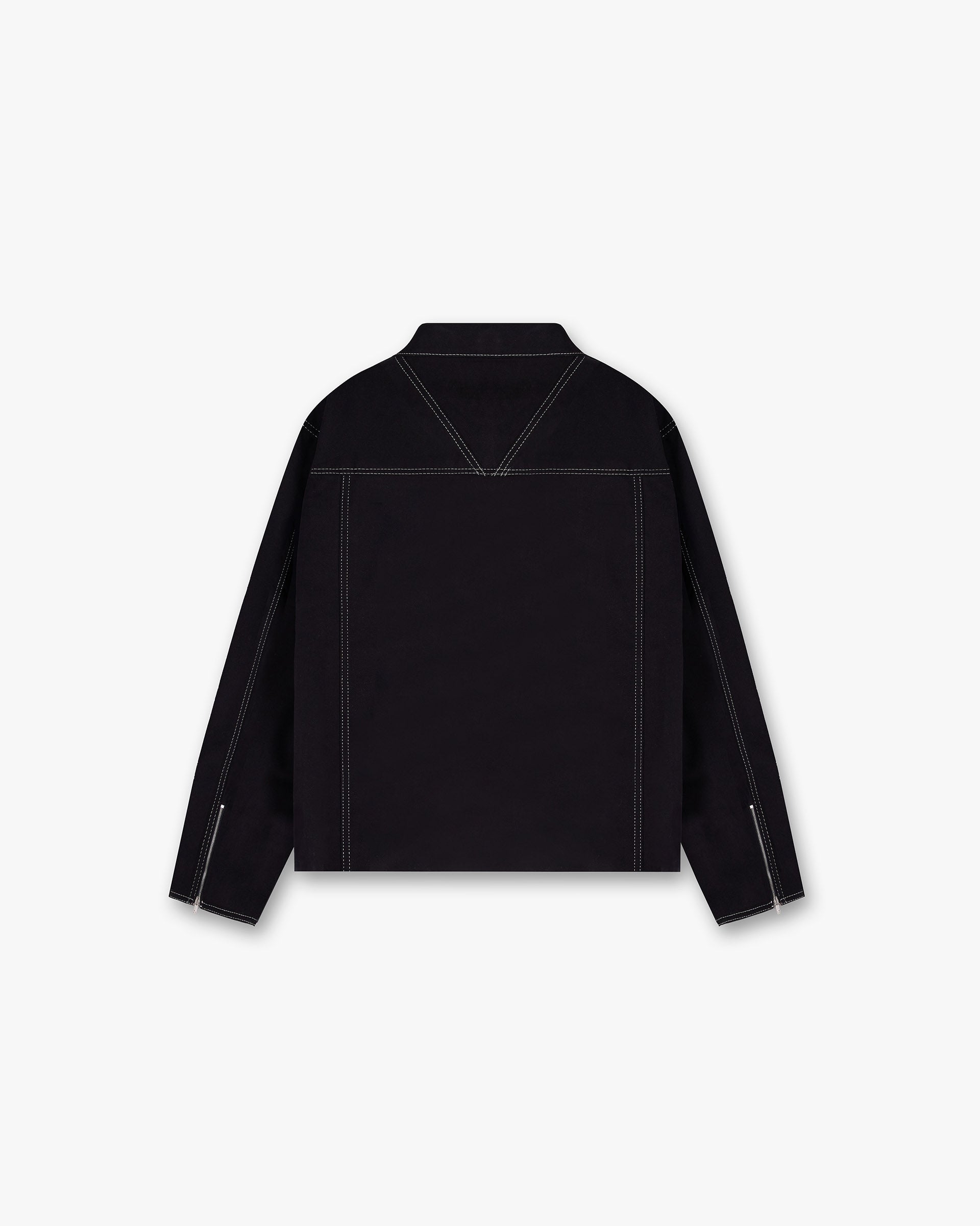 Back product image of a mens black smart jacket on a plain white background | Contrast Stitch Smart Jacket in Jet Black | Oversized cotton jacket with contrast stitch and double zip | FW24 Outerwear | Represent Clo