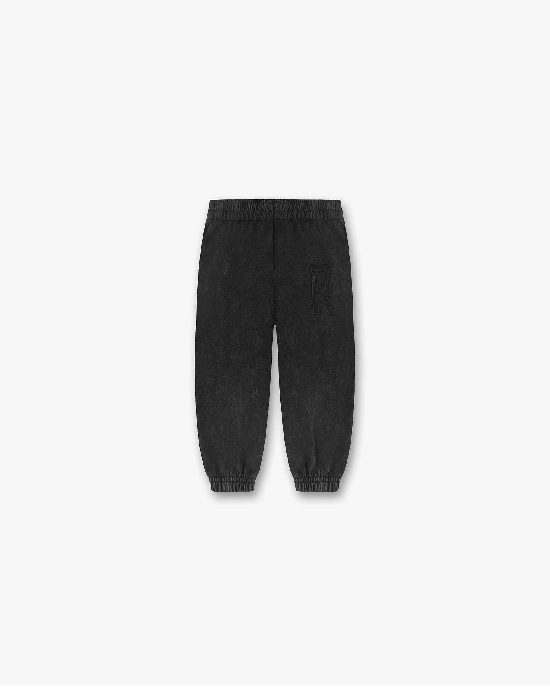 Front product image of a mens black sweatpants on a plain white background | Mini Rep Applique Sweatpants in Vintage Black | Sweatpants with applique detailing | FW24 Pants | Represent Clo