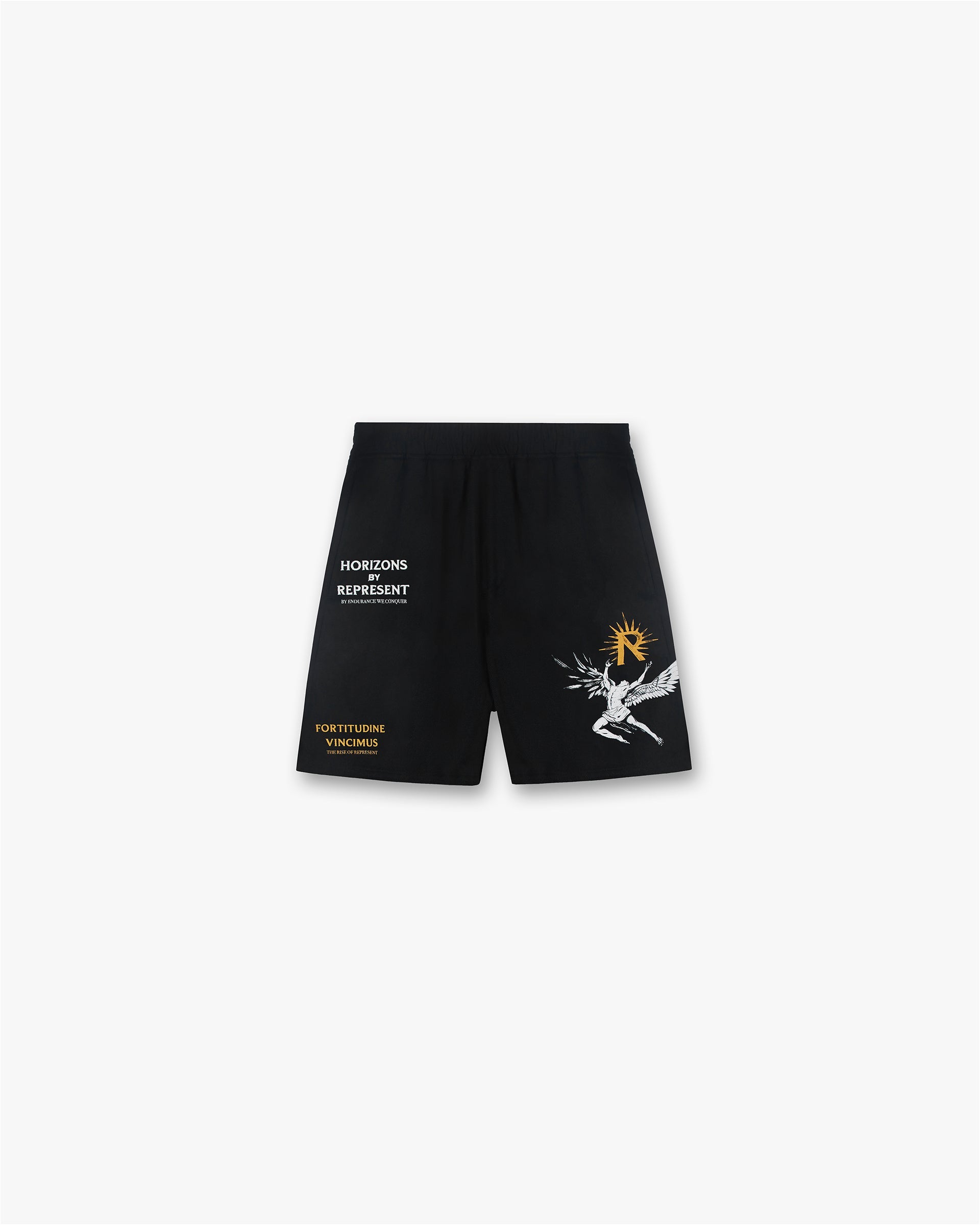 Front product image of a mens black shorts on a plain white background | Icarus Short in Black | Shorts with vintage bodybuilding silhouette | SS24 Shorts | Represent Clo