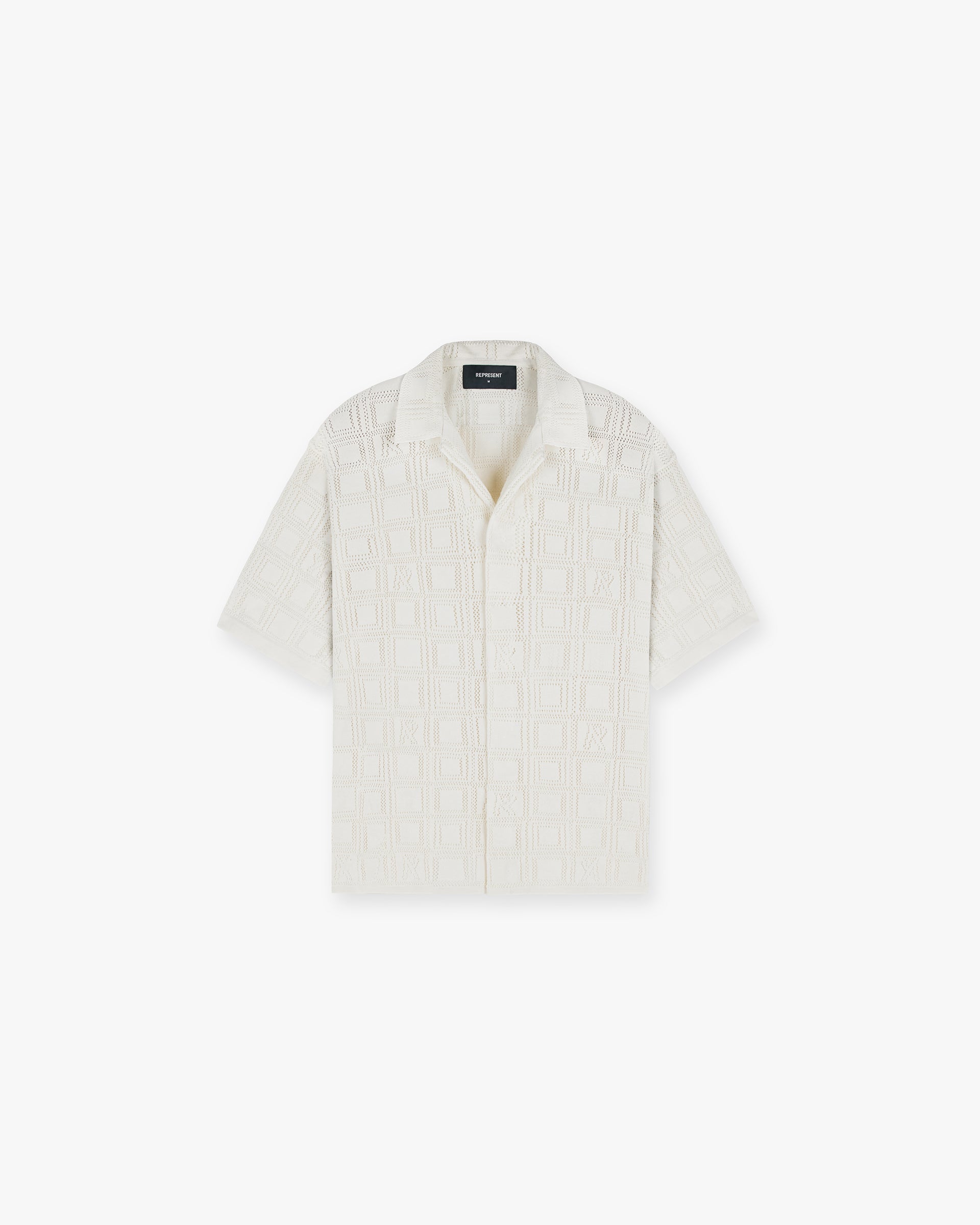 Front product image of a mens white lace knit shirt on a plain white background | Lace Knit Shirt in Chalk | Lace knit shirt with intricate detailing | SS24 Shirts | Represent Clo