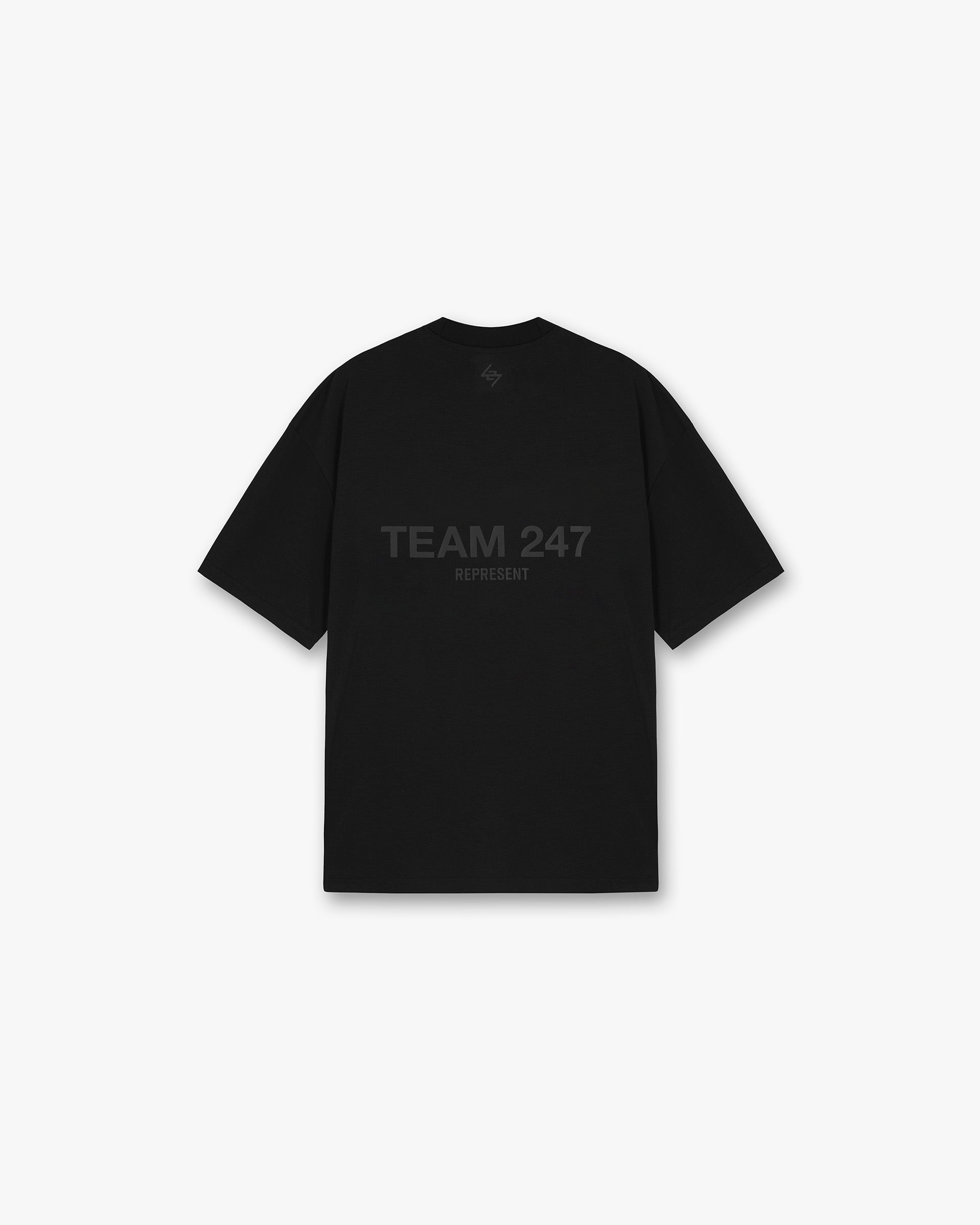 Back product image of a mens black t-shirt on a plain white background | Team 247 Oversized T-Shirt in Matte Black | Gym top with oversized fit and 4-way stretch | 247 T-Shirts | Represent Clo