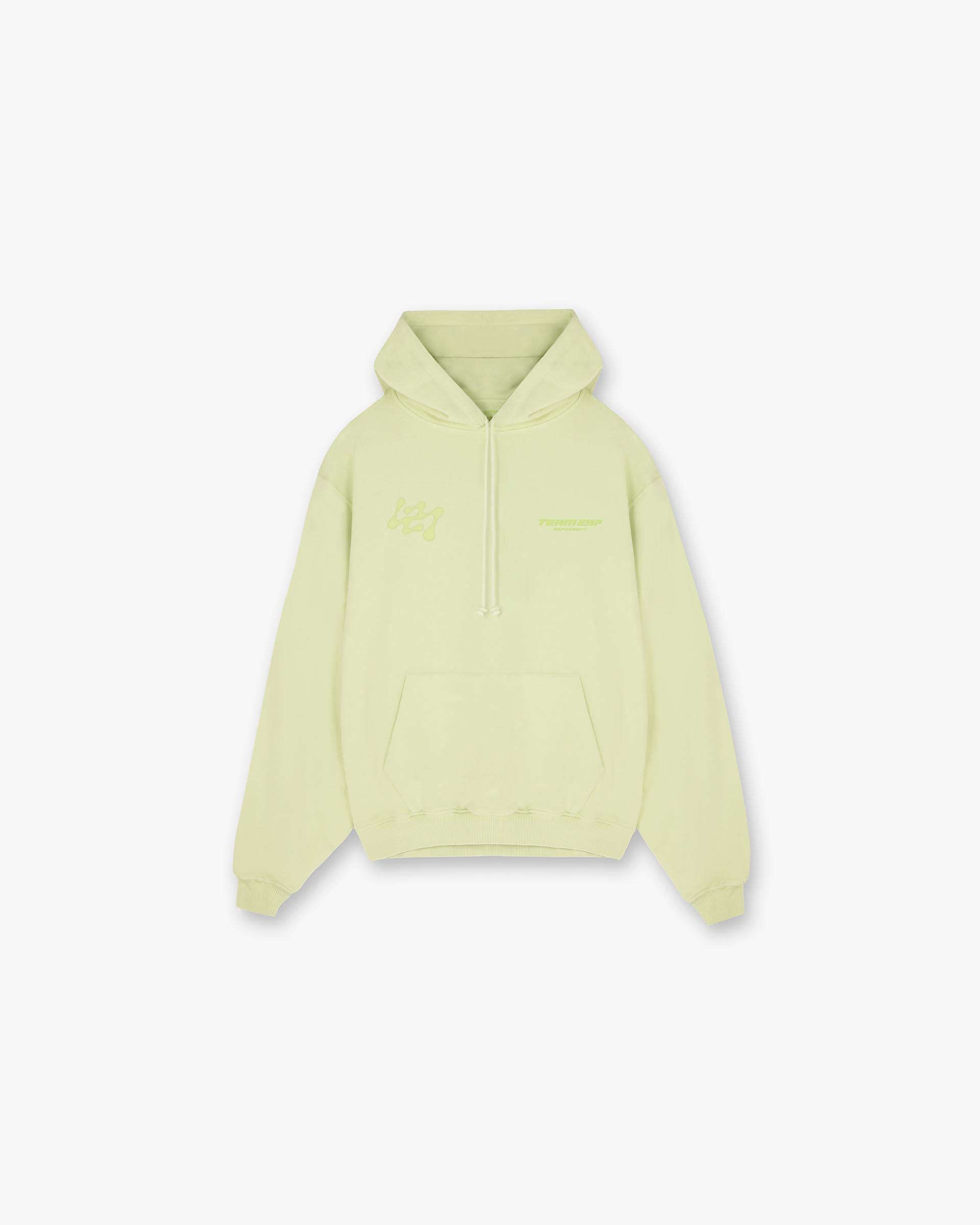 Front product image of a mens green hoodie on a plain white background | 247 Future Terrains Oversized Hoodie in Shadow Lime | Oversized hoodie with spacious fit | 247 Hoodies | Represent Clo