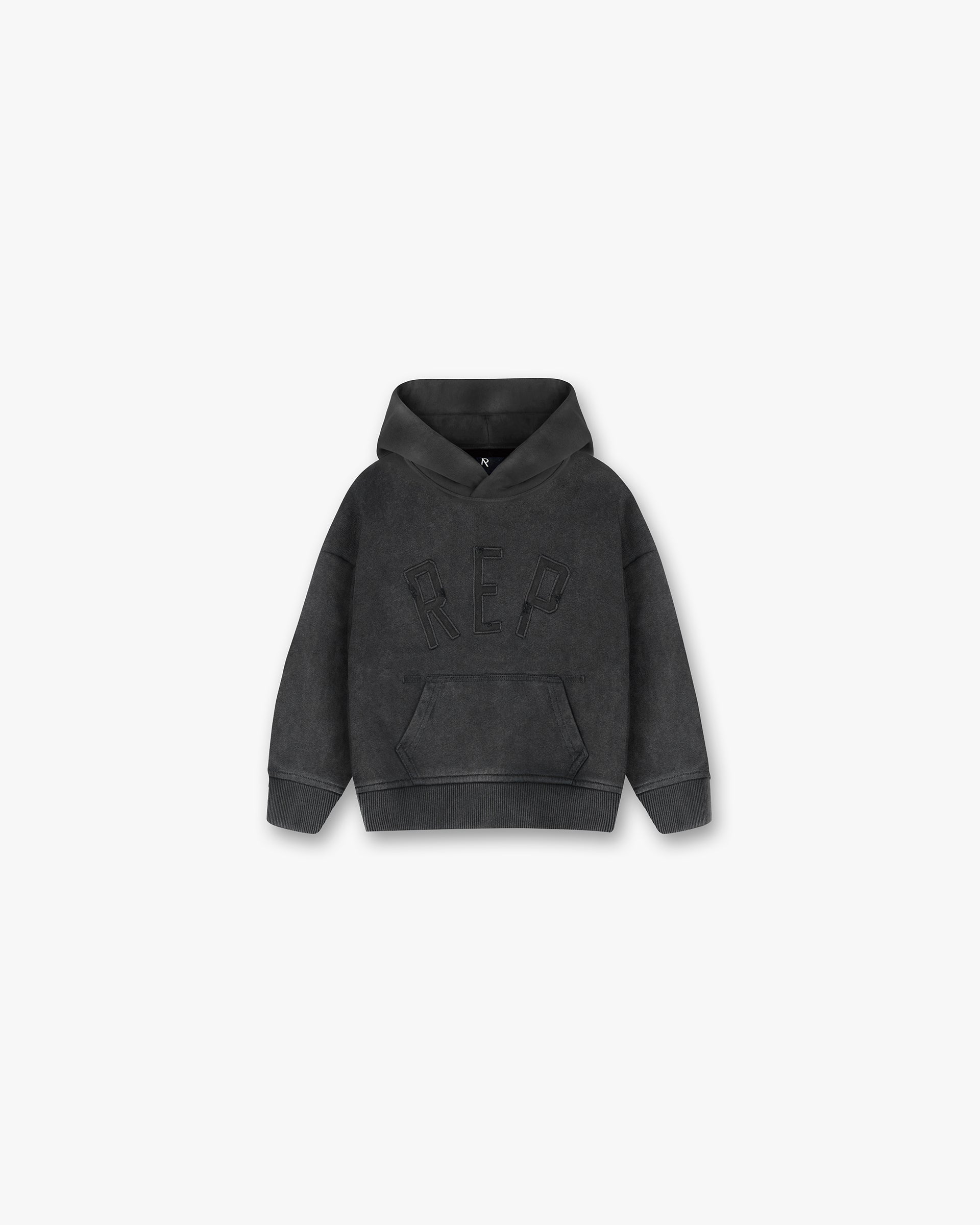 Front product image of a mens black hoodie on a plain white background | Mini Rep Applique Hoodie in Vintage Black | Oversized boxy heavy boucle hoodie with embroidered branding | FW24 Hoodies | Represent Clo