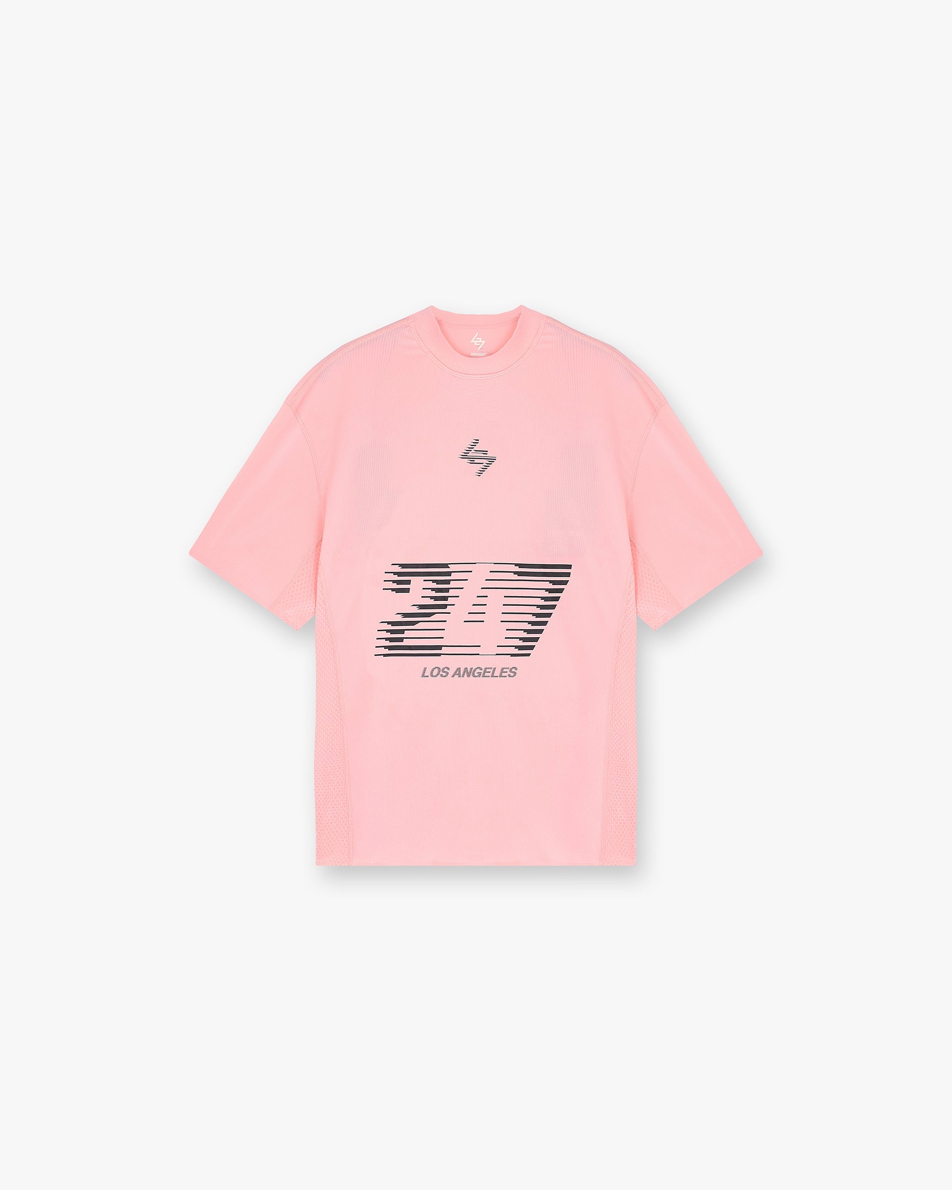 Front product image of a mens pink t-shirt on a plain white background | 247 Los Angeles T-Shirt in Pink | Long sleeve t-shirt with waffle texture and boxy fit | 247 T-Shirts | Represent Clo