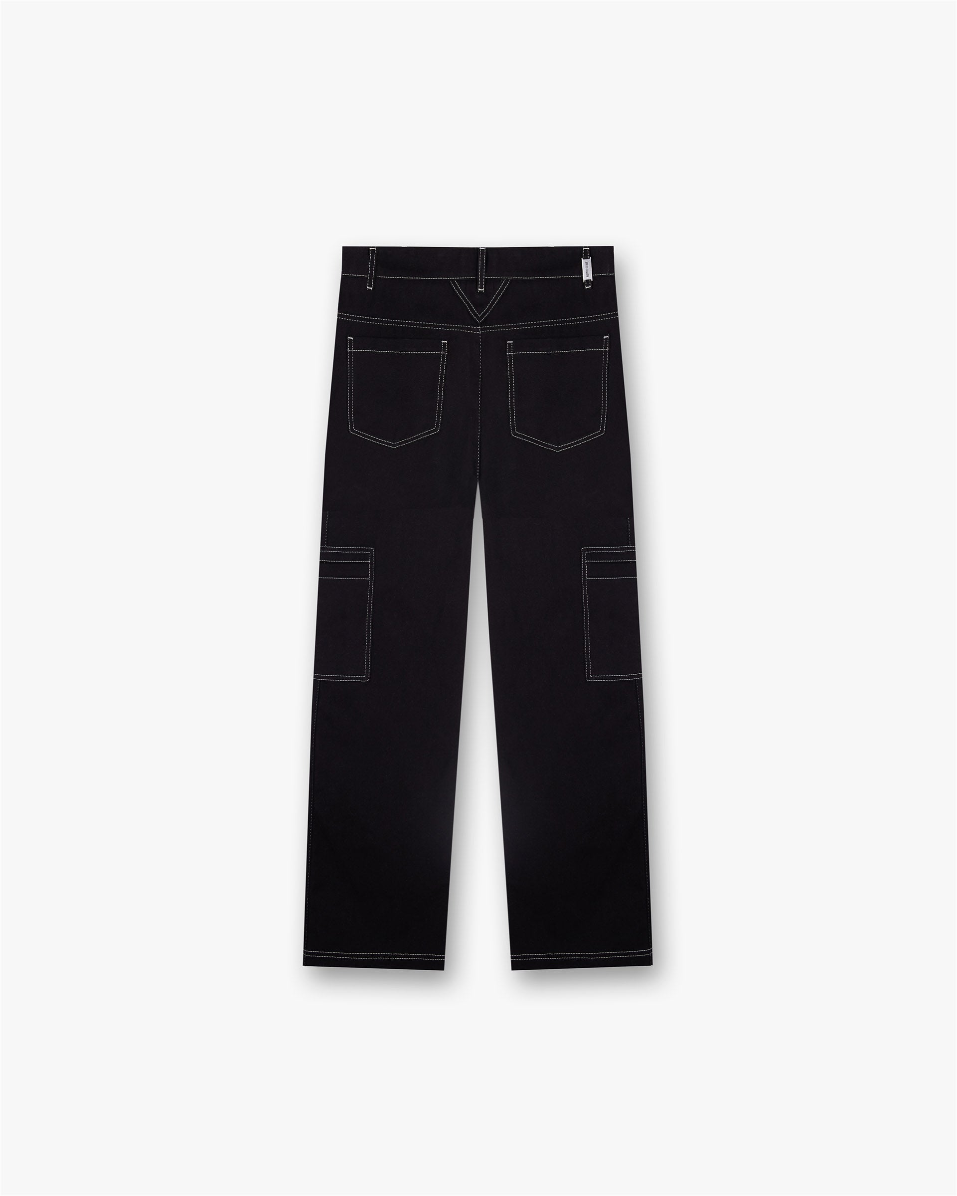 Back product image of mens black pants on a plain white background | Contrast Stitch Pant in Jet Black | Relaxed straight leg pants with contrast stitching | FW24 Pants | Represent Clo