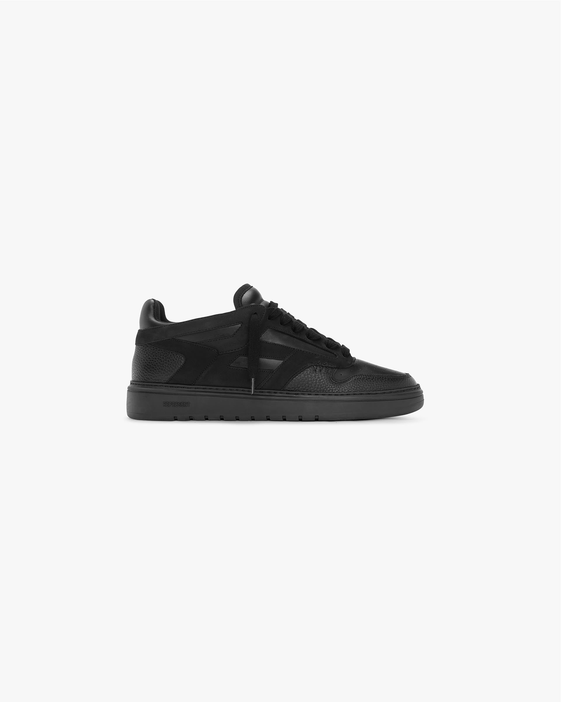 Front product image of mens black shoes on a plain white background | Reptor Low in Triple Black | Sleek mens footwear with a clean design | FW23 Footwear | Represent Clo