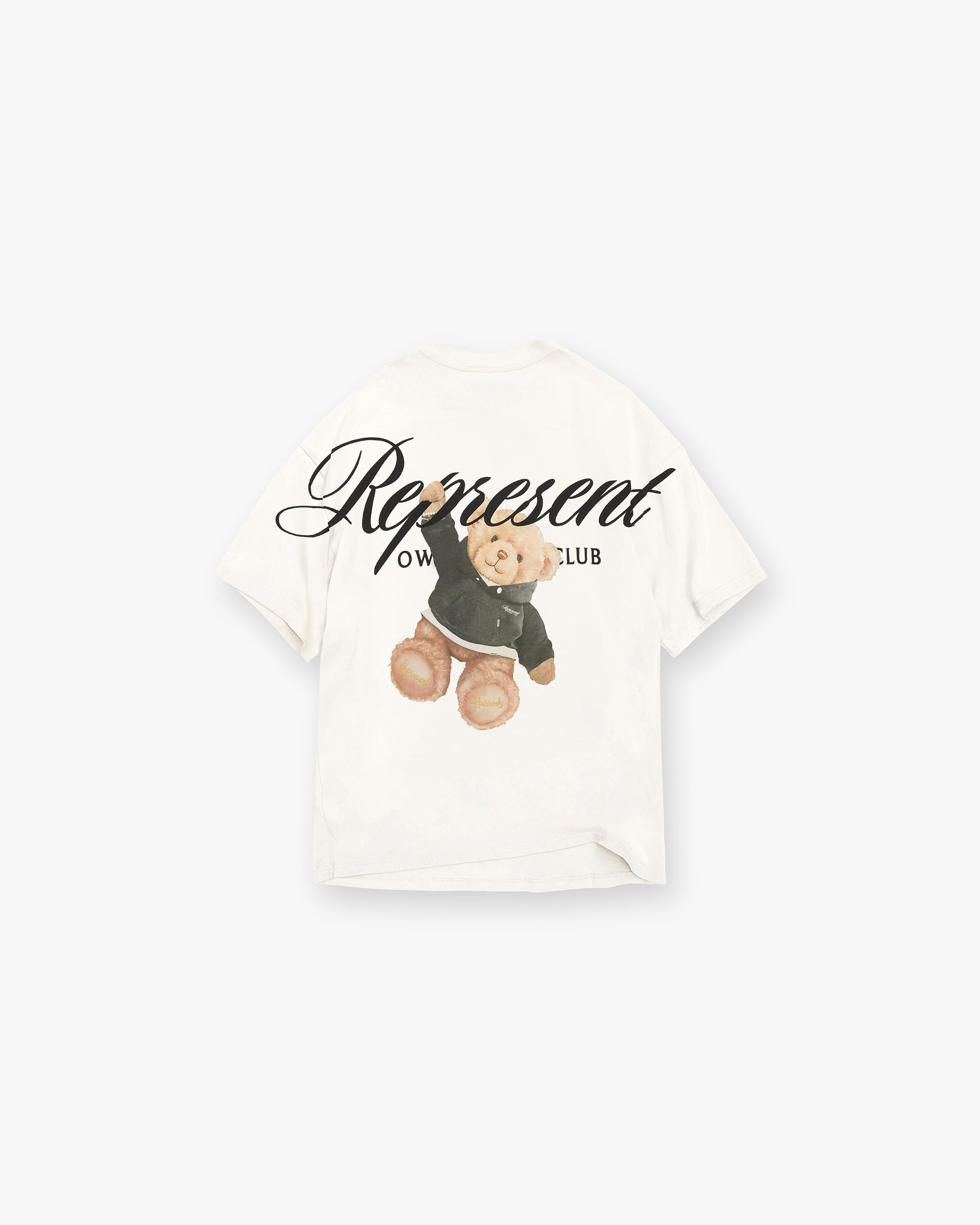 Back product image of a mens white t-shirt on a plain white background | Represent X Harrods Bear Owners Club T-Shirt in Flat White | Oversized fit t-shirt with Harrods bear graphic and script logo | Exclusives T-Shirts | Represent Clo