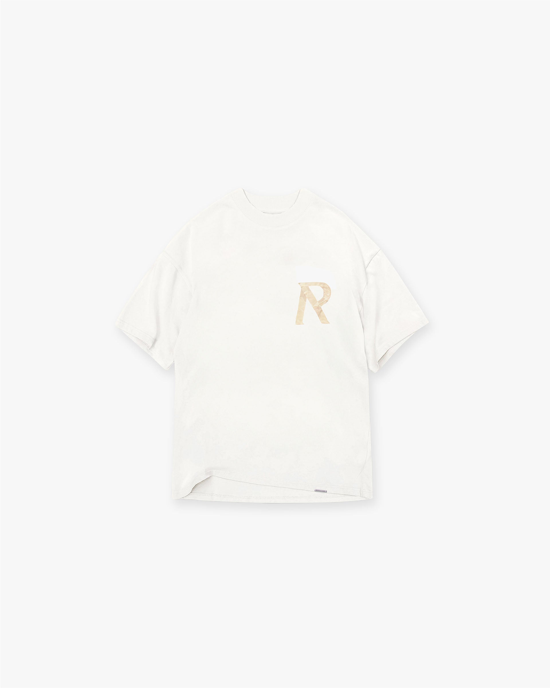 Front product image of a mens white t-shirt on a plain white background | Masking Tape Initial T-Shirt in Flat White | Graphic t-shirt with initial design | FW24 T-Shirts | Represent Clo