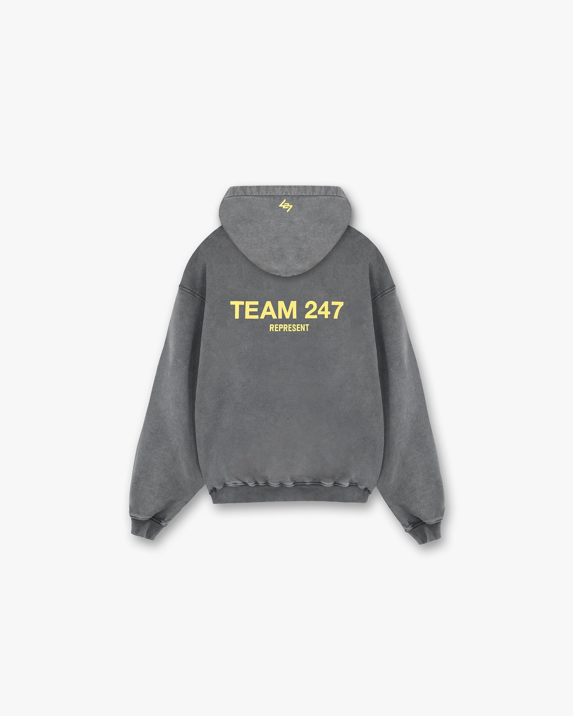 Back product image of a mens grey hoodie with yellow print on a plain white background | Team 247 Oversized Hoodie in Pewter Lemon | Oversized hoodie with ribbed cuffs and hem | 247 Hoodies | Represent Clo