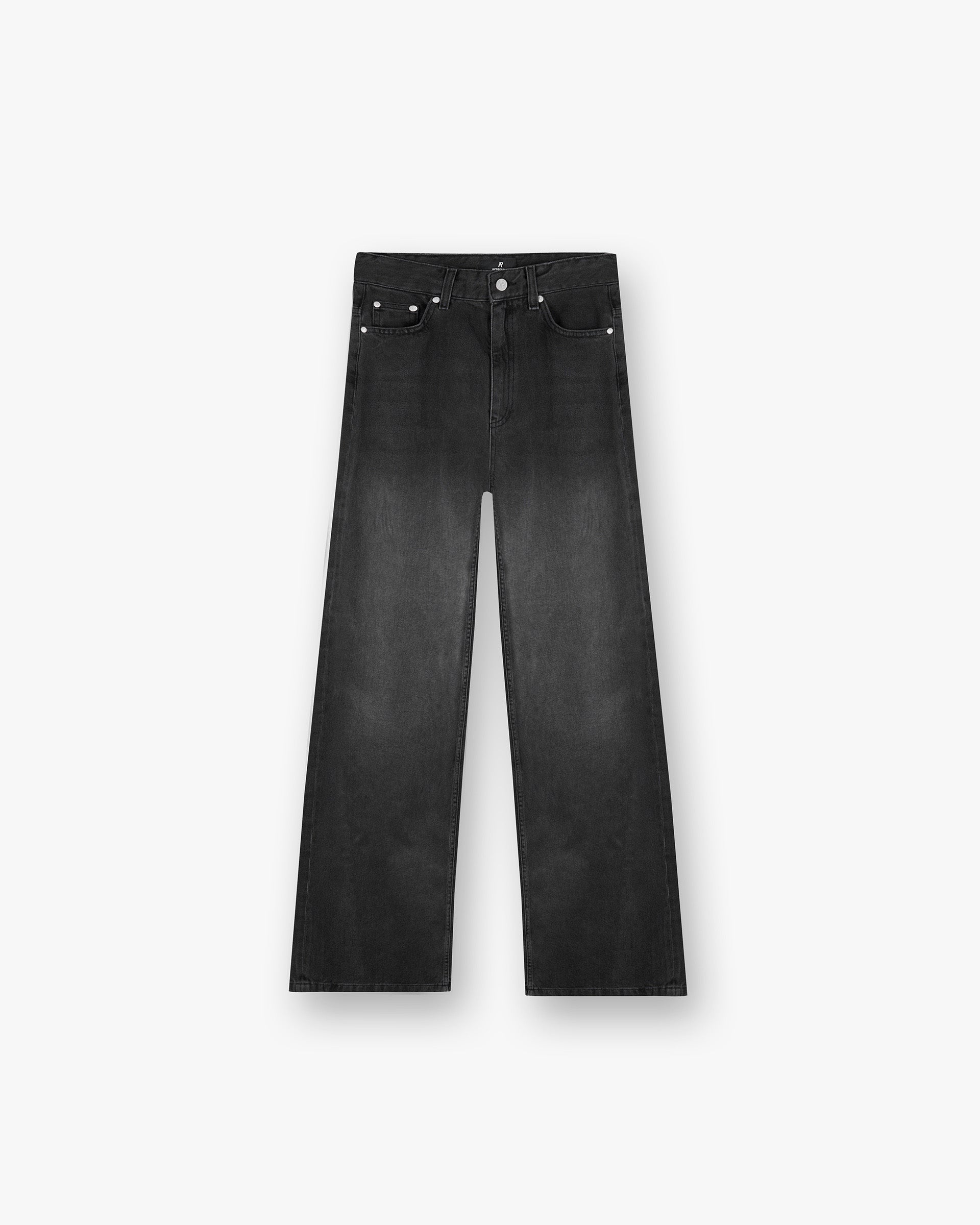 Front product image of womens black wide leg jeans on a plain white background | Mid Rise Wide Leg Jean in Washed Black | Wide leg jeans with mid rise fit | Womens SS25 Jeans | Represent Clo