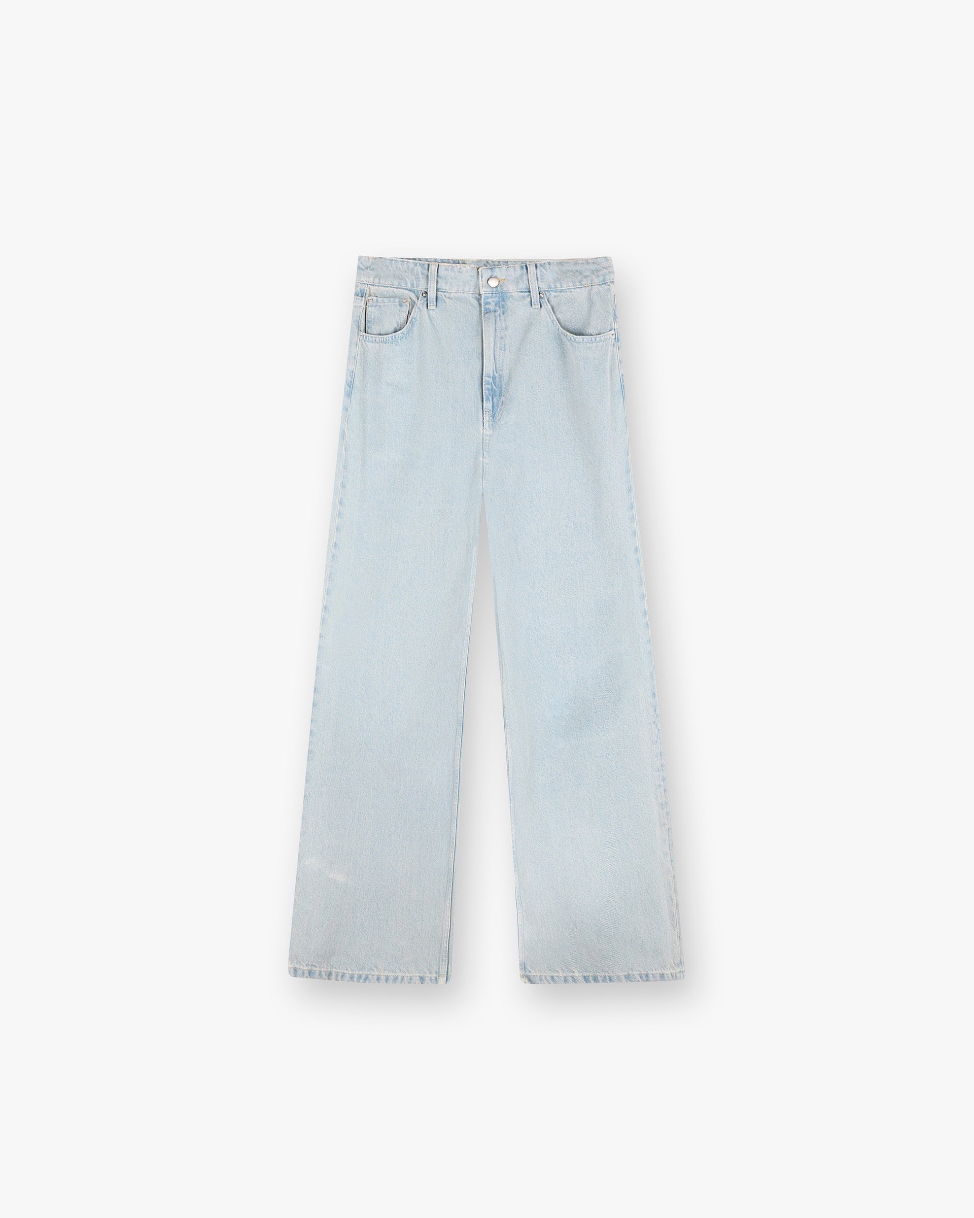 Front product image of a womens blue jeans on a plain white background | Mid Rise Wide Leg Jean in Washed Blue | Baggy fit jeans with rips and embroidery | Womens SS25 Jeans | Represent Clo