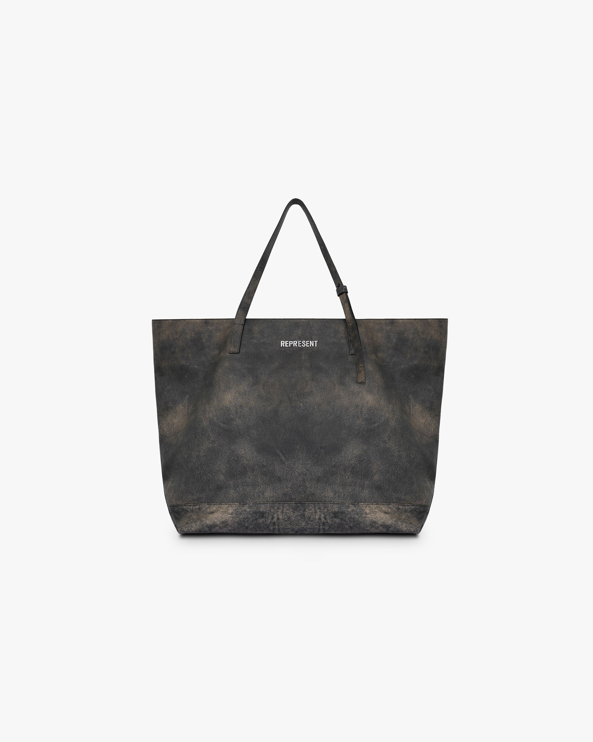 Front product image of a mens brown leather tote bag on a plain white background | Distressed Leather Tote Bag in Brown | Viscose blend tote bag | FW24 Accessories | Represent Clo