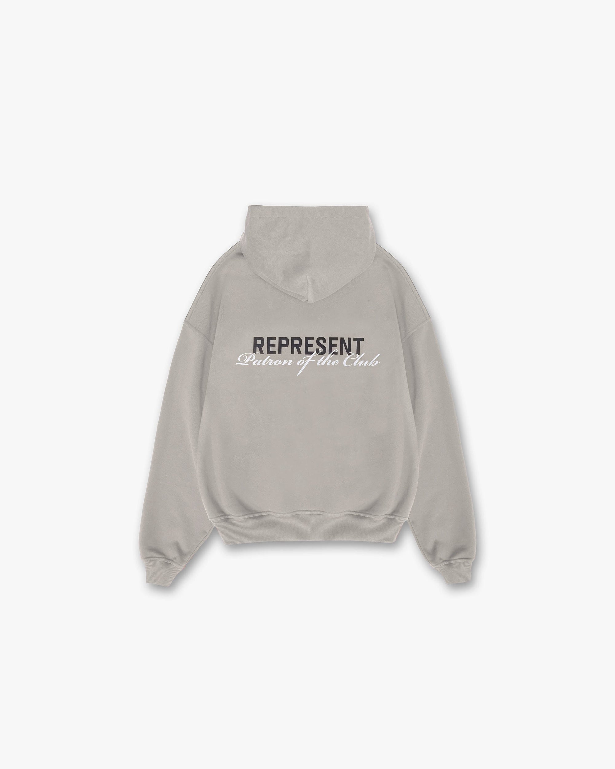 Back product image of a mens grey hoodie on a plain white background | Patron Of The Club Hoodie in Mudstone | Oversized fit hoodie with ribbed trims | Patrons Hoodies | Represent Clo