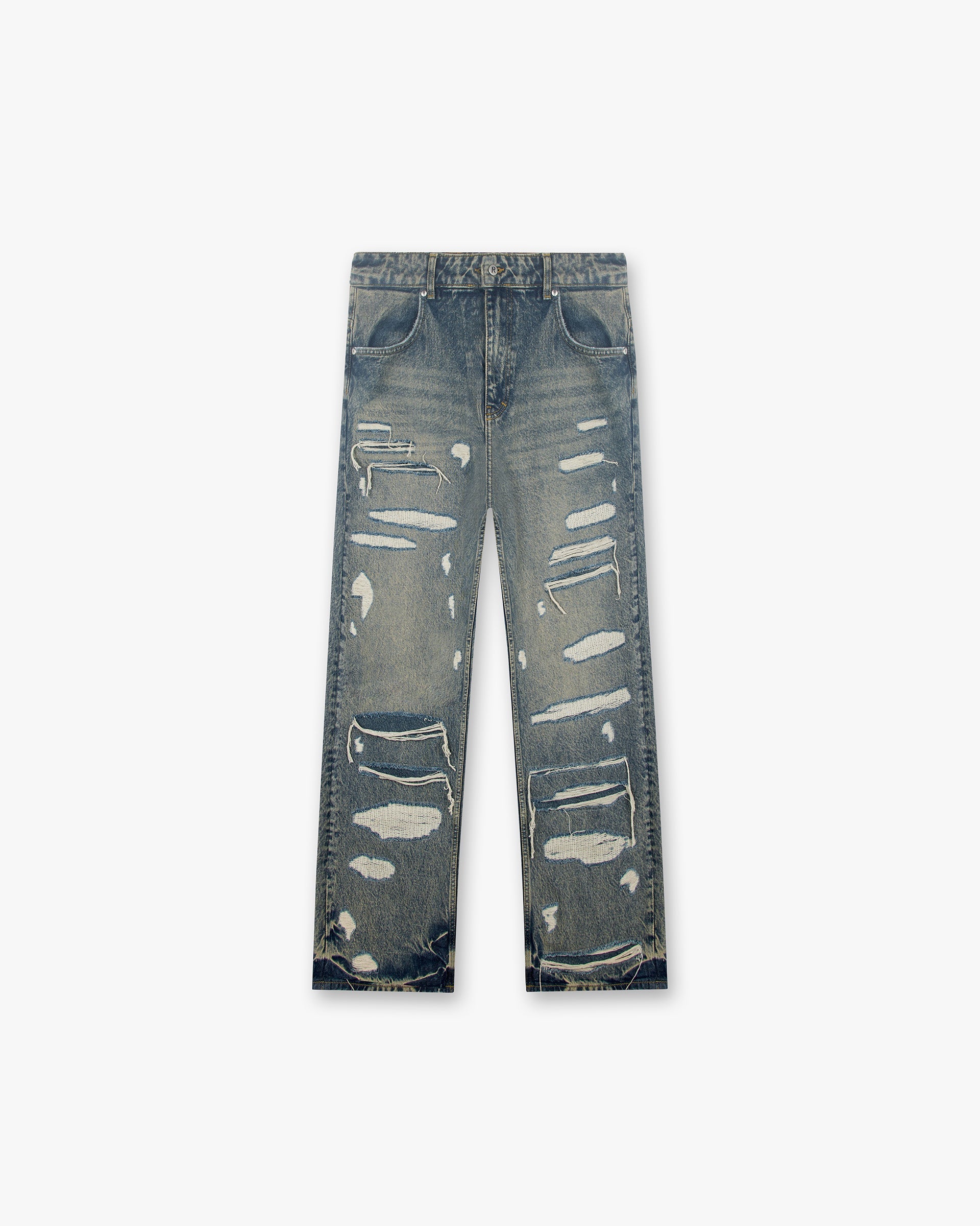 Front product image of mens blue denim jeans on a plain white background | R3D Double Destroyer Baggy Denim in Blue Cream | Stone wash relaxed fit jeans with zip fly | SS24 Denim | Represent Clo