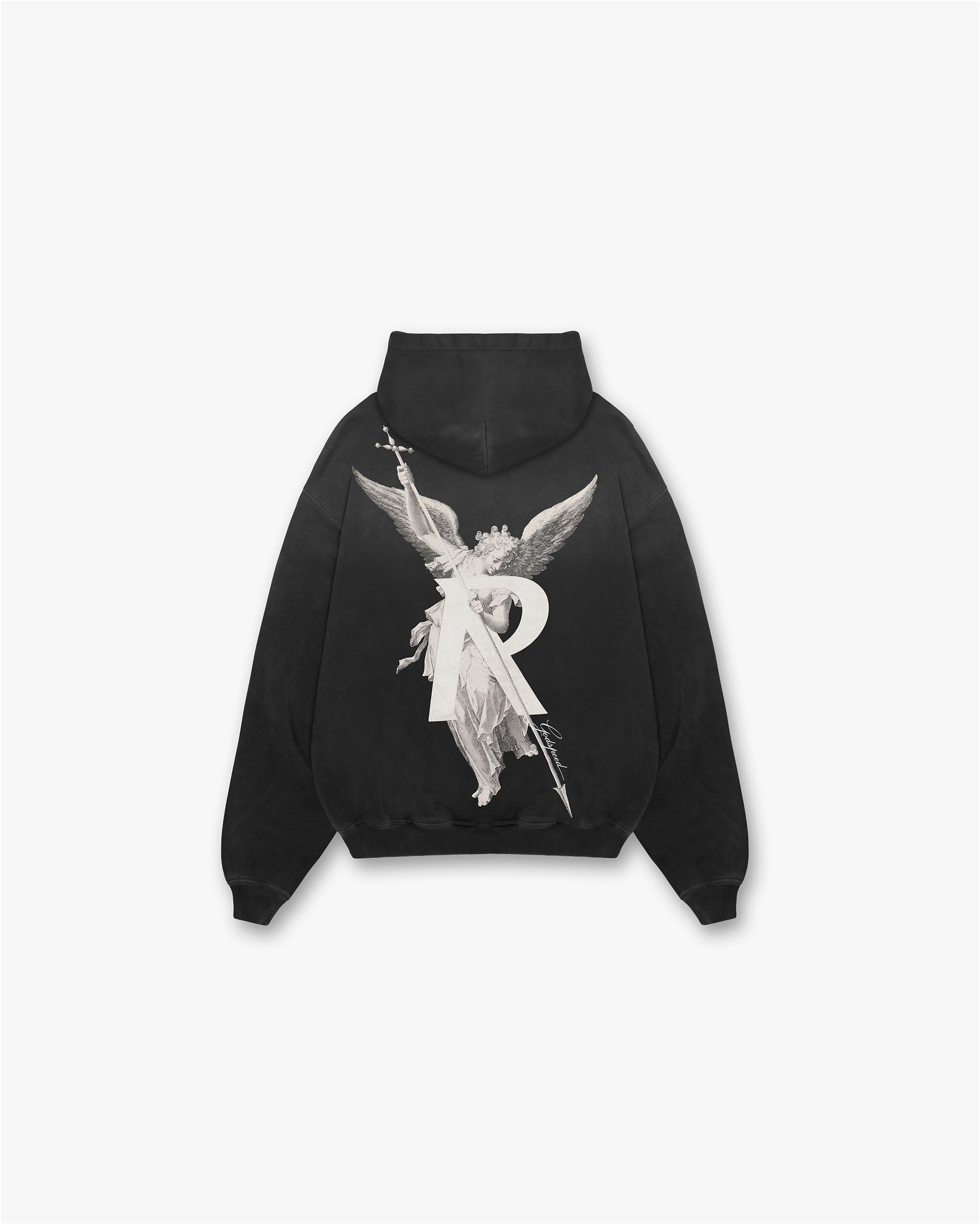 Back product image of a mens black hoodie on a plain white background | Archangel Hoodie in Stained Black | Slightly oversized hoodie with ribbed cuffs and Cobrax popper | FW24 Hoodies | Represent Clo