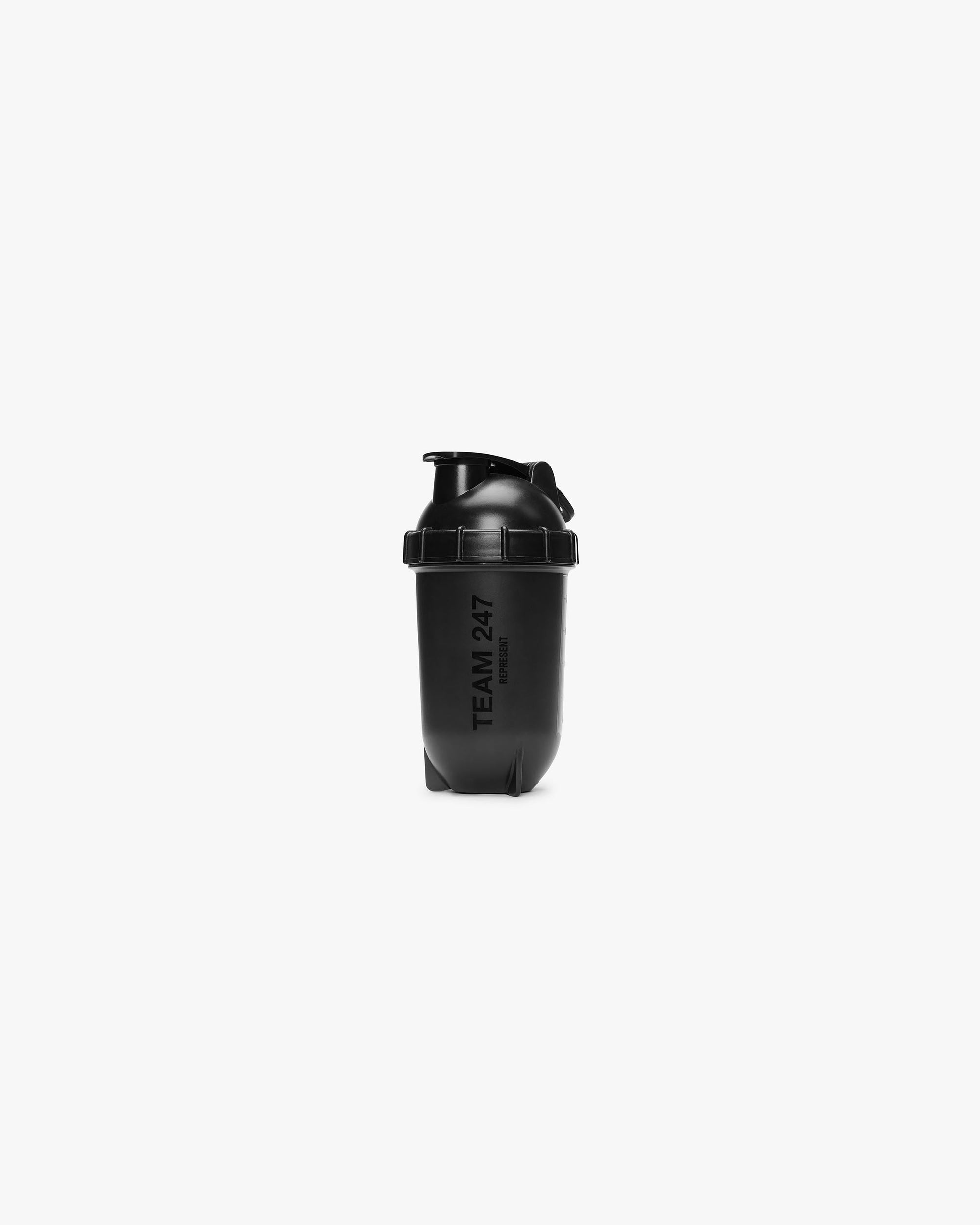 Front product image of a mens black protein shaker on a plain white background | 247 Protein Shaker in Black | Durable and portable shaker bottle | 247 Accessories | Represent Clo