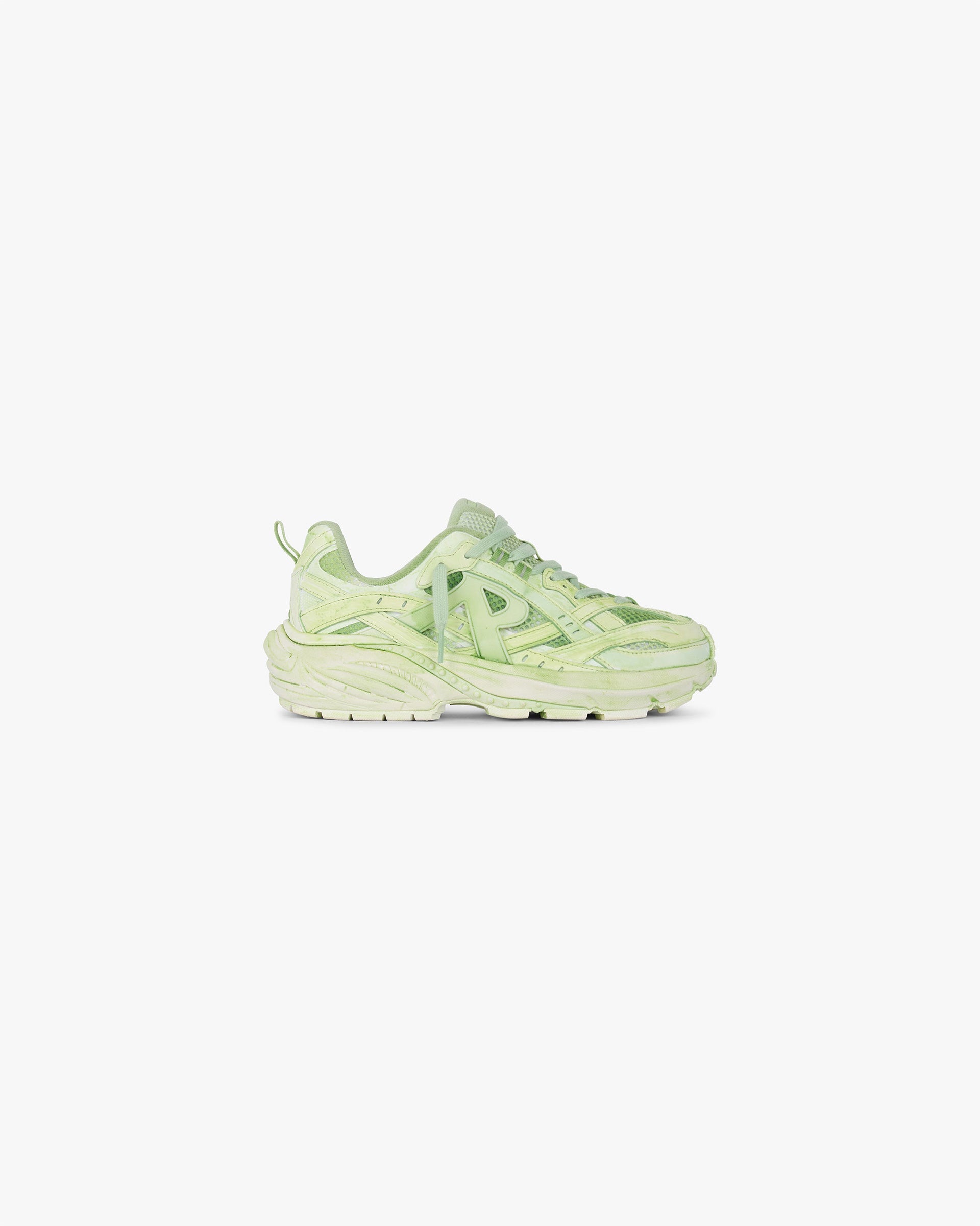 Front product image of womens grey footwear on a plain white background | Storm Runner in Dip Dye Shadow Lime | Cotton and hemp jersey footwear | SS25 Footwear | Represent Clo