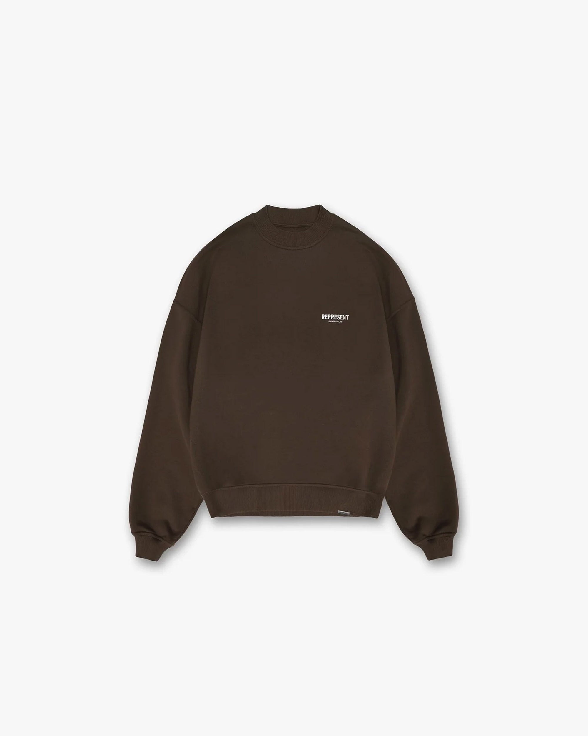 Back product image of a mens brown sweater on a plain white background | Represent Owners Club Sweater in Brown | Oversized fit heavyweight jersey cotton sweater | Owners Club Sweaters | Represent Clo