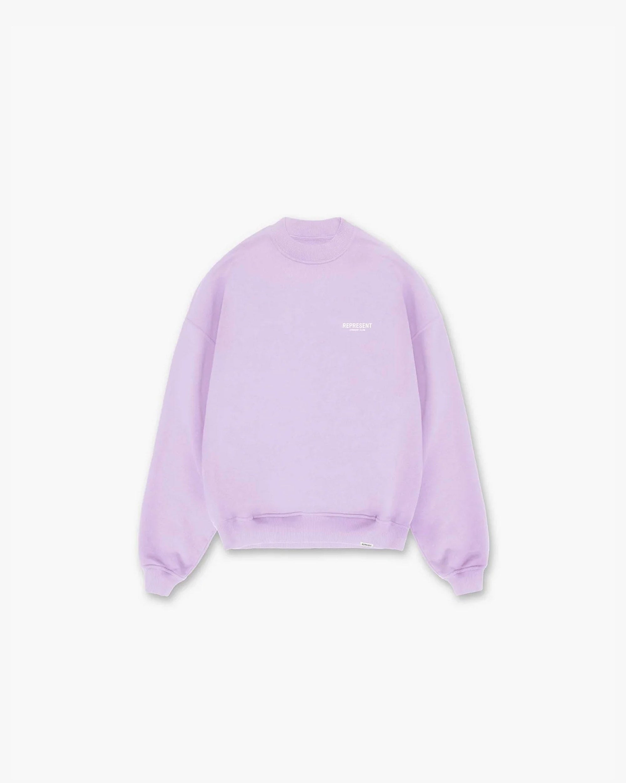 Back product image of a mens lilac sweater on a plain white background | Represent Owners Club Sweater in Pastel Lilac | Crewneck sweater with ribbed trims | Owners Club Sweaters | Represent Clo