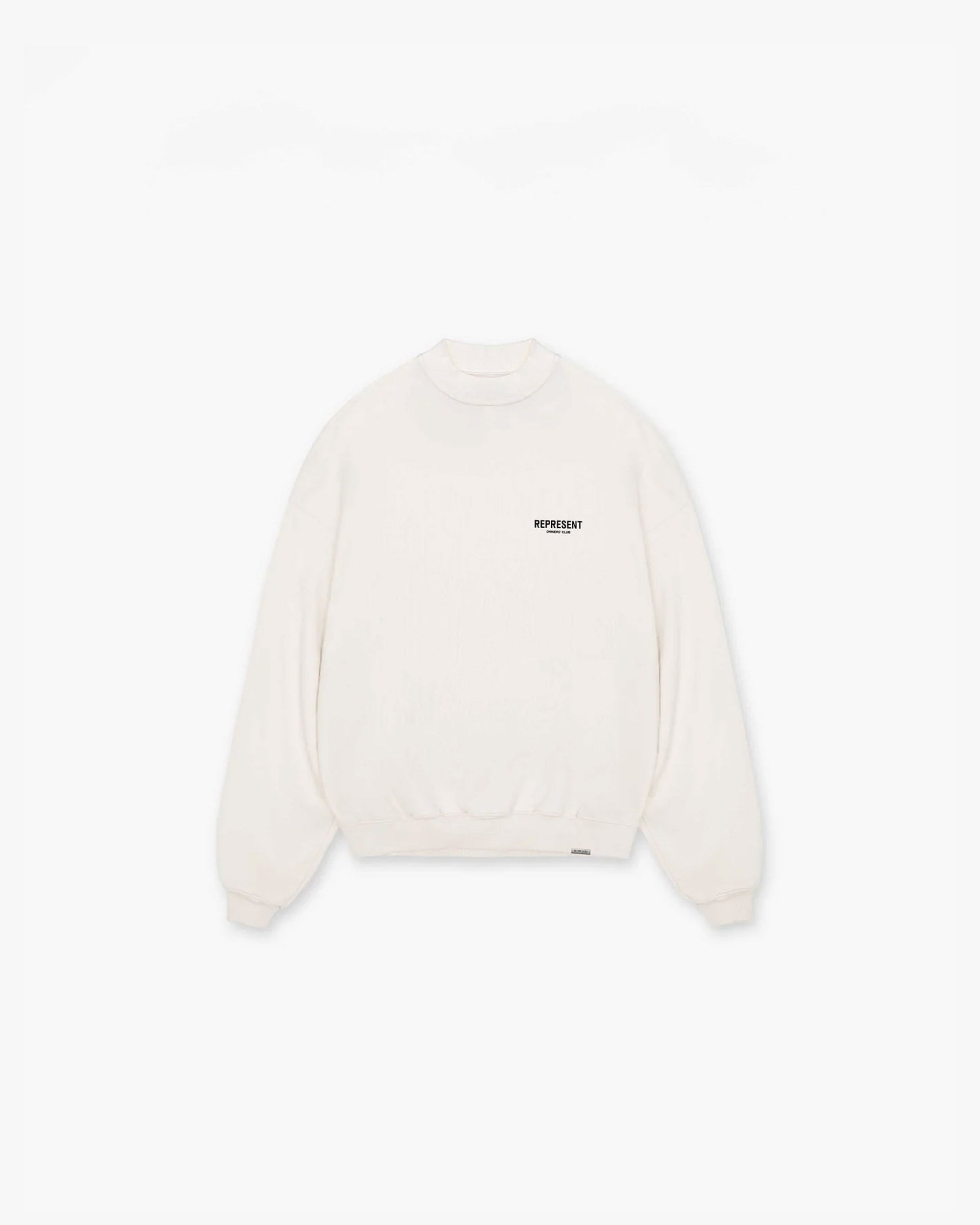 Back product image of a mens white sweater on a plain white background | Represent Owners Club Sweater in Flat White | Crewneck sweater with ribbed trims | Owners Club Sweaters | Represent Clo