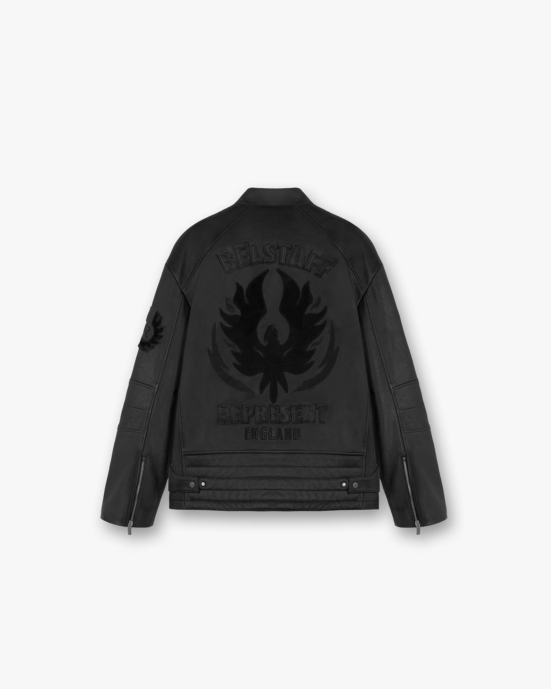 Back product image of a mens black leather jacket on a plain white background | Represent X Belstaff Race Leather Jacket in Black | Cafe racer silhouette with oversized flame phoenix logo | Exclusives Outerwear | Represent Clo