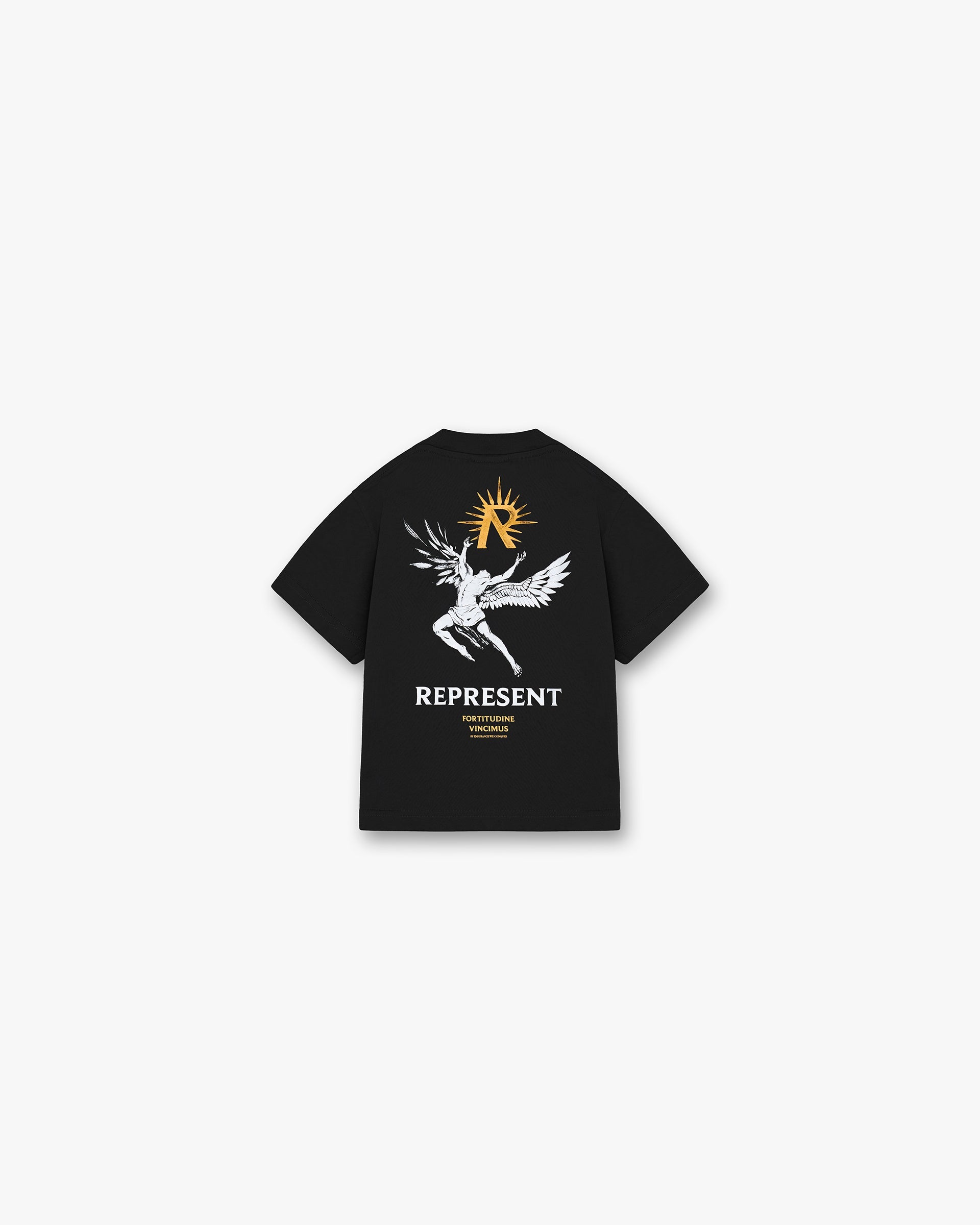 Back product image of a black childrens t-shirt on a plain white background | Mini Icarus T-Shirt in Black | Slightly oversized fit kids t-shirt | SS23 Mini T-Shirts | Represent Clo