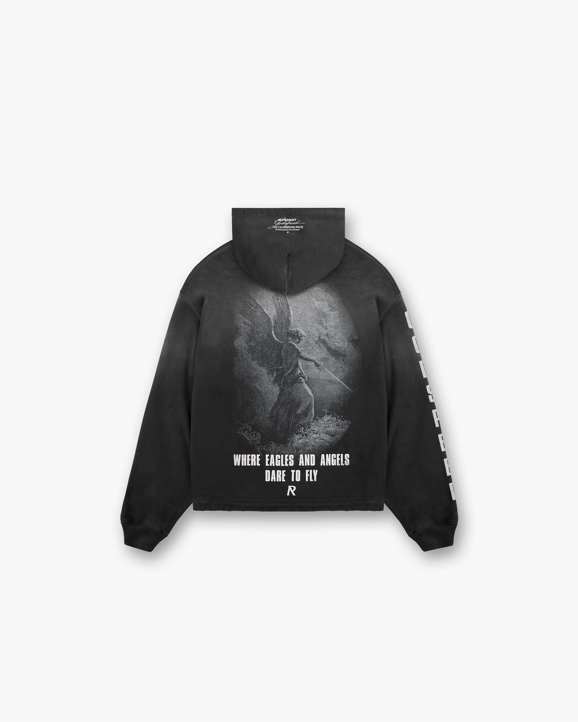 Back product image of a mens black hoodie on a plain white background | Godspeed Hoodie in Aged Black | Oversized fit hoodie with raw stepped hem and cracked graphic | FW24 Hoodies | Represent Clo