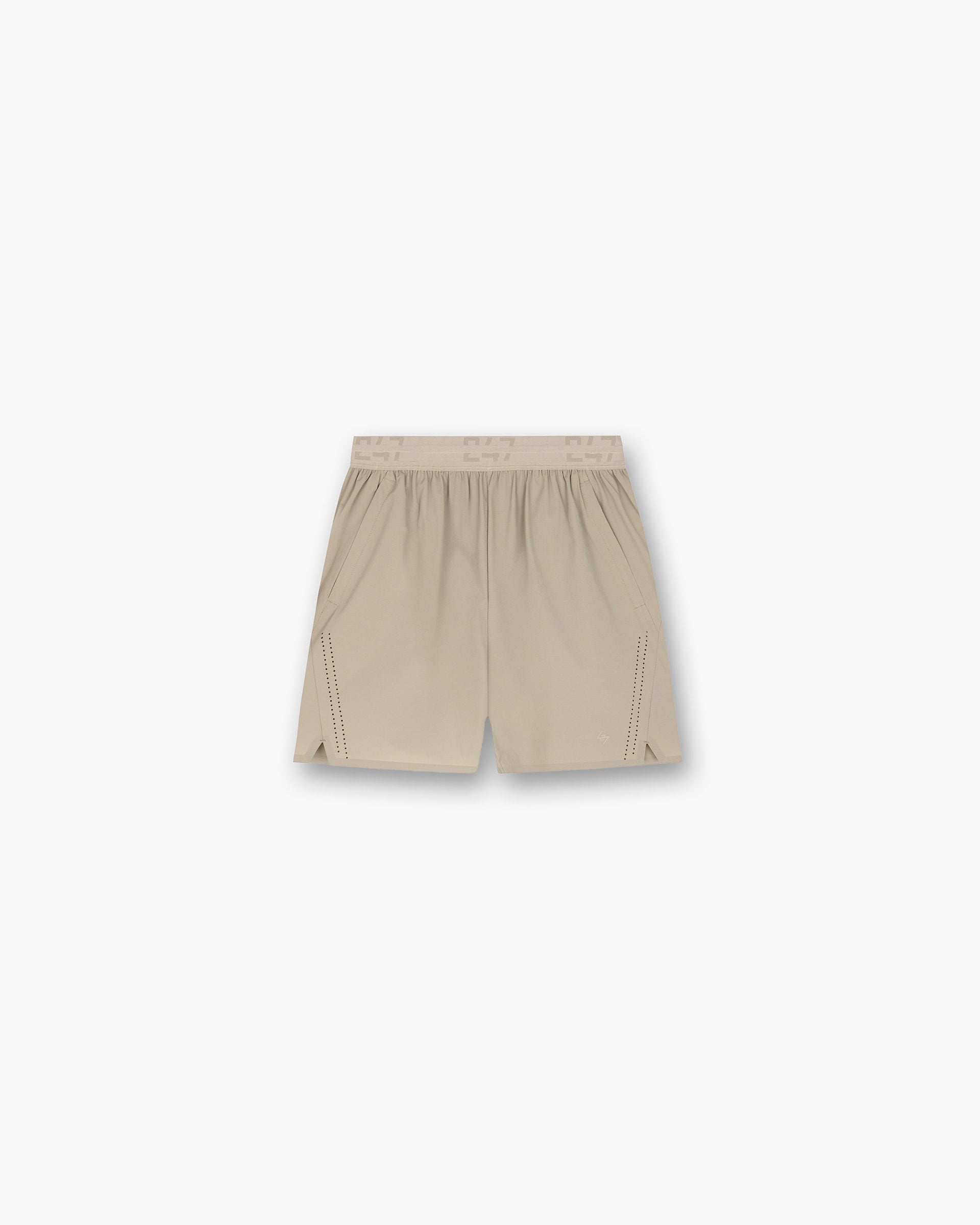 Front product image of mens grey shorts on a plain white background | 247 Training Shorts in Pebble | Polyester shorts in light grey | 247 Shorts | Represent Clo