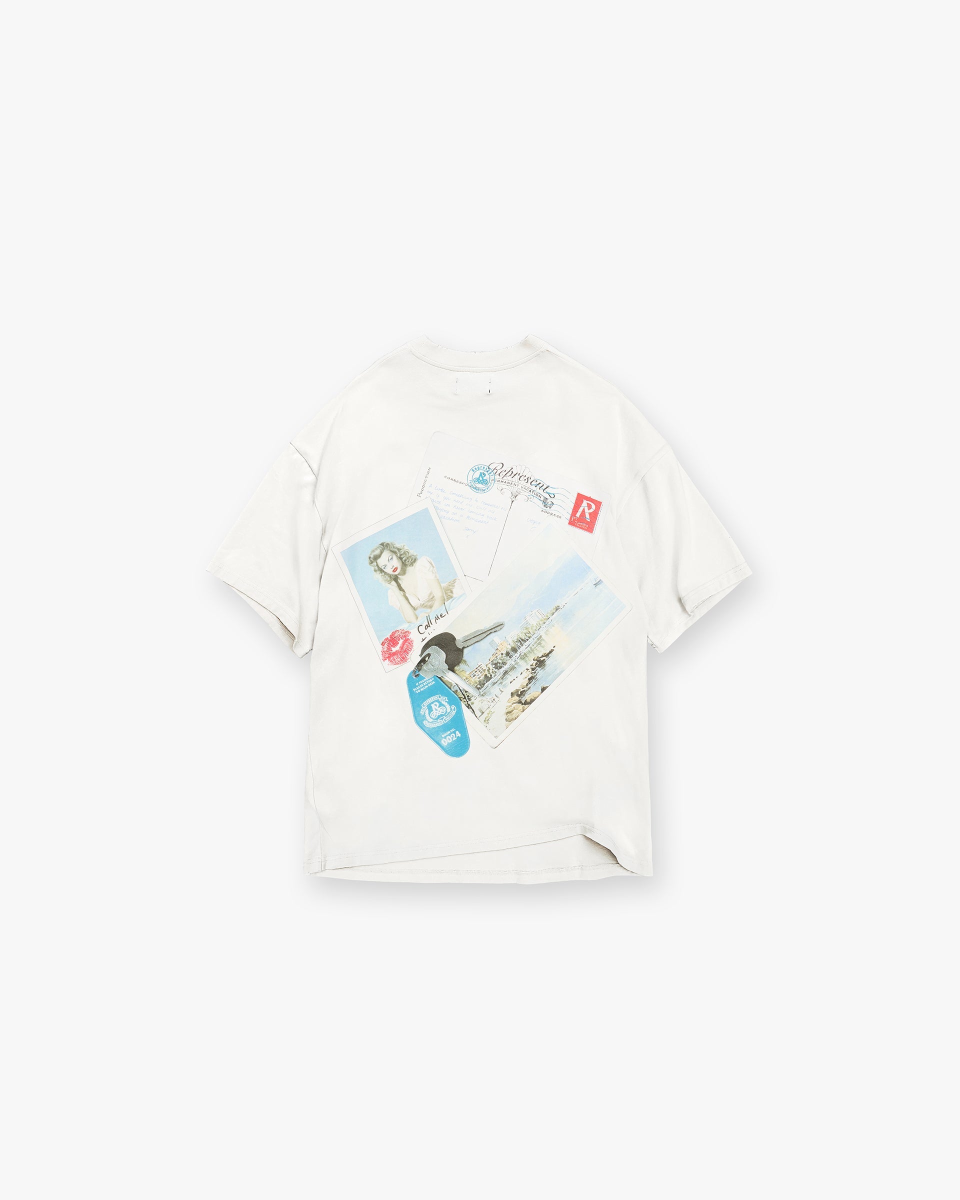 Back product image of a mens white t-shirt on a plain white background | Girls Of Summer T-Shirt in Flat White | Slightly oversized t-shirt with graphic detailing | SC24 T-Shirts | Represent Clo