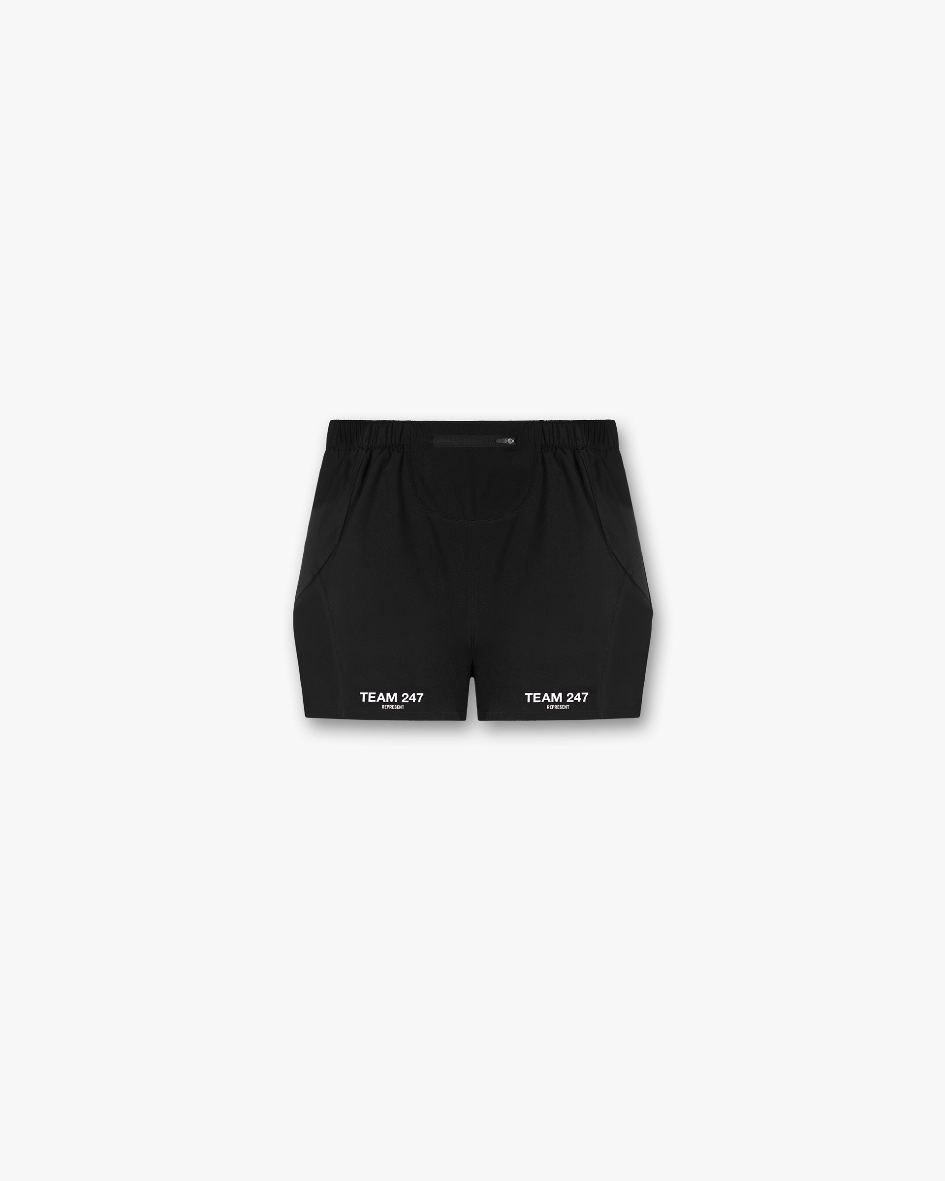 Back product image of mens black shorts on a plain white background | Team 247 Race Shorts in Jet Black | Polyester shorts with large side split and zip pocket | 247 Shorts | Represent Clo