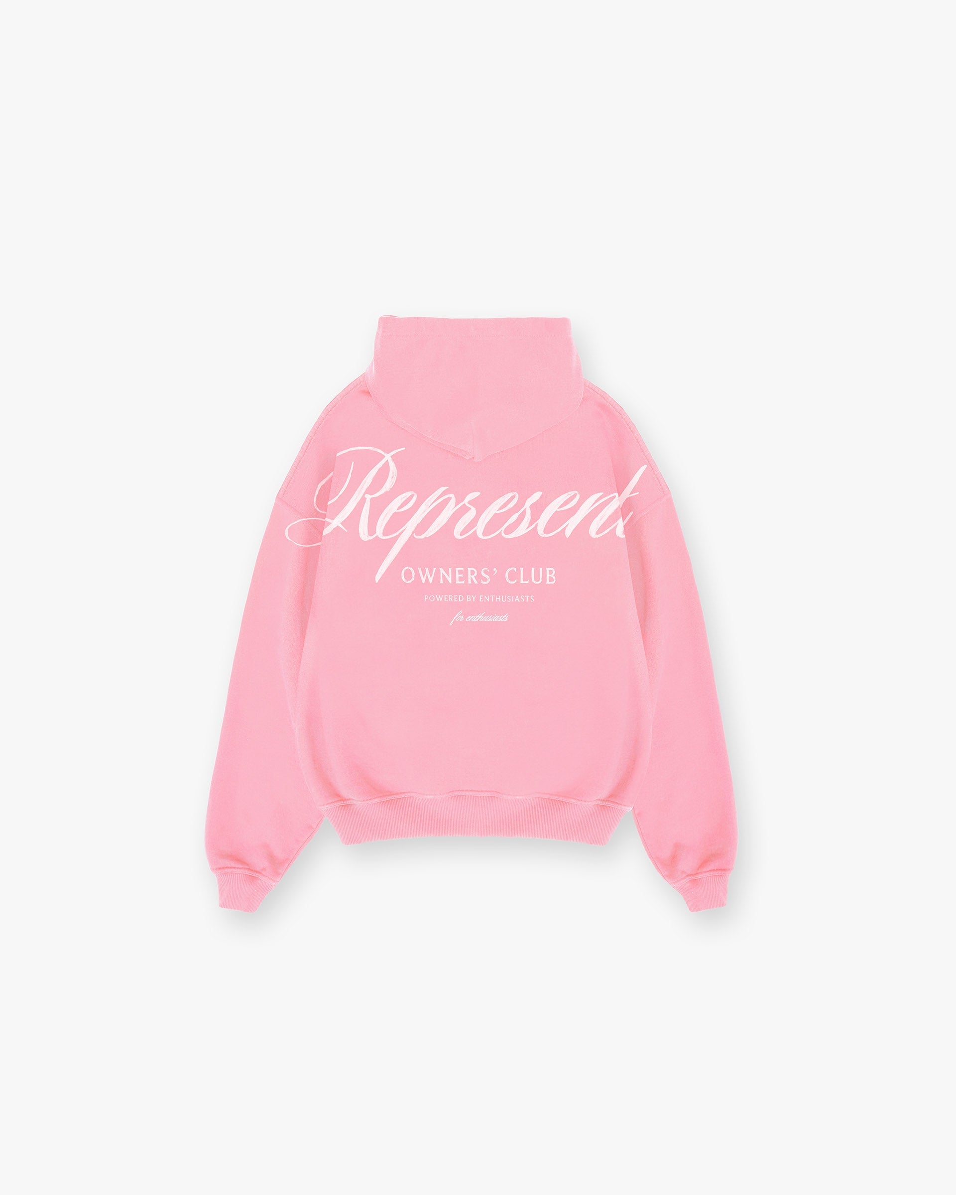 Front product image of a mens pink hoodie on a plain white background | Represent Owners Club Script Hoodie in Pink | Hoodie with script logo detailing | Owners Club Hoodies | Represent Clo