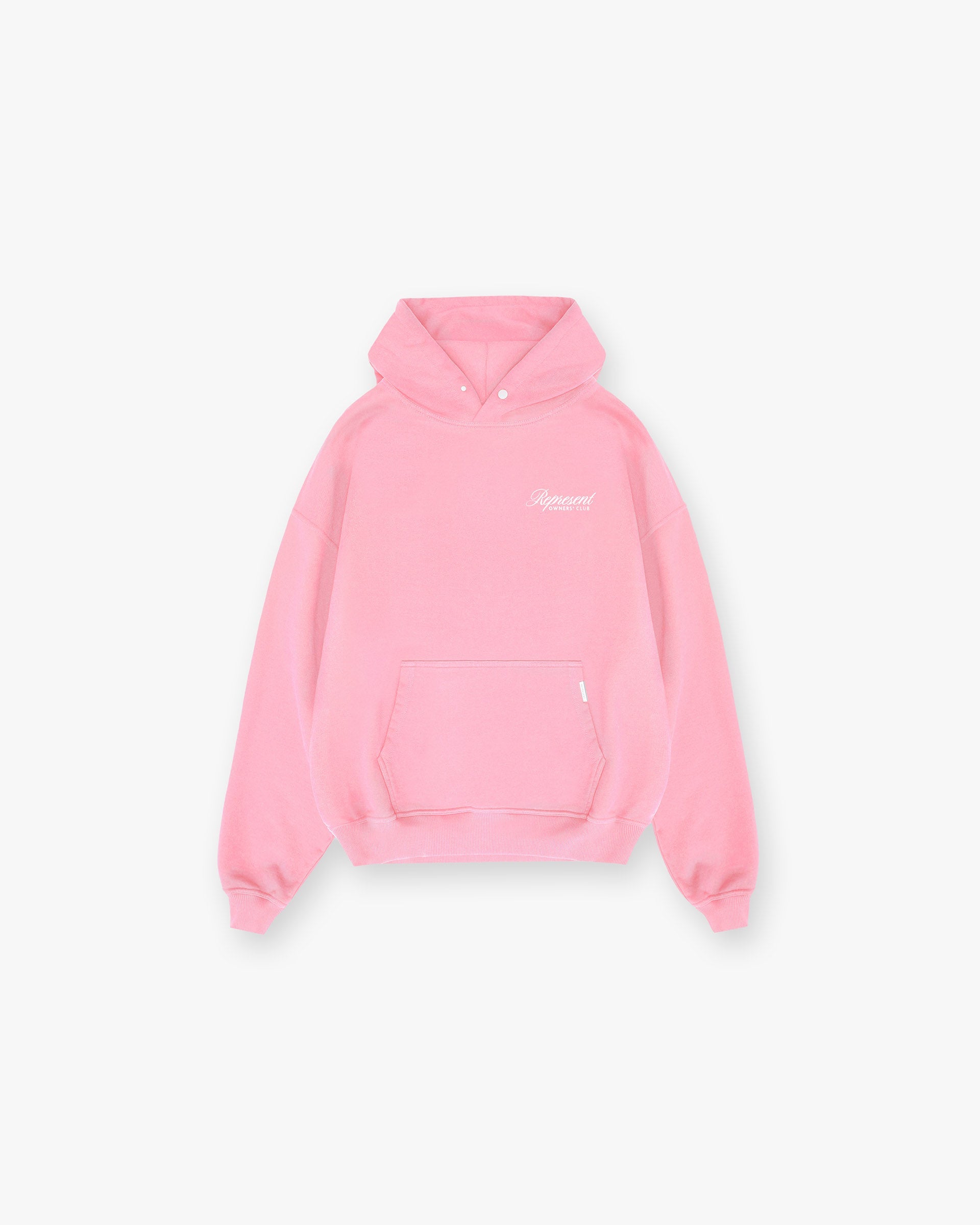 Back product image of a mens pink hoodie on a plain white background | Represent Owners Club Script Hoodie in Pink | Hoodie with ribbed trims and script graphic print | Owners Club Hoodies | Represent Clo
