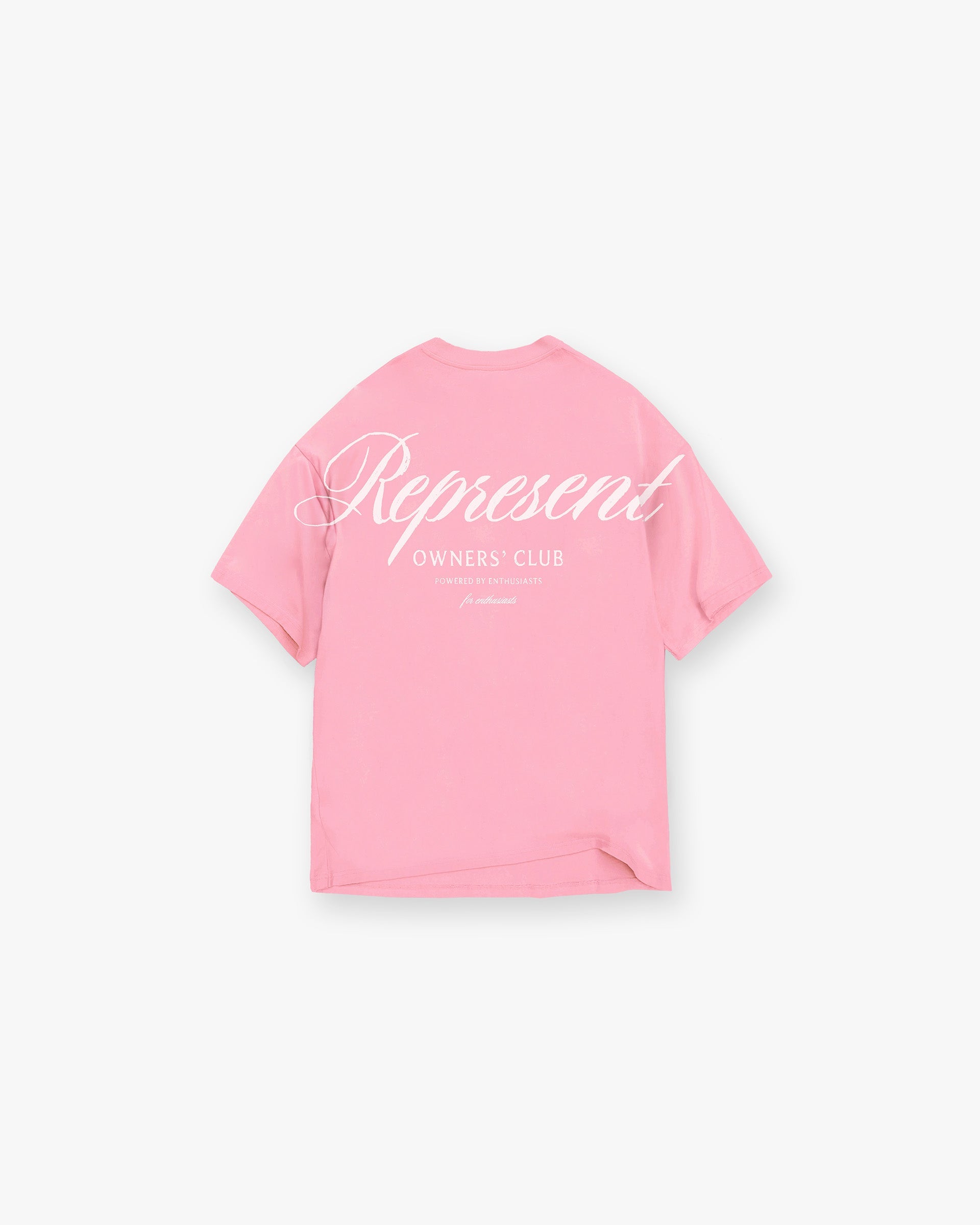 Back product image of a mens pink t-shirt on a plain white background | Owners Club Script T-Shirt in Pink | Relaxed fit graphic t-shirt | SS23 T-Shirts | Represent Clo
