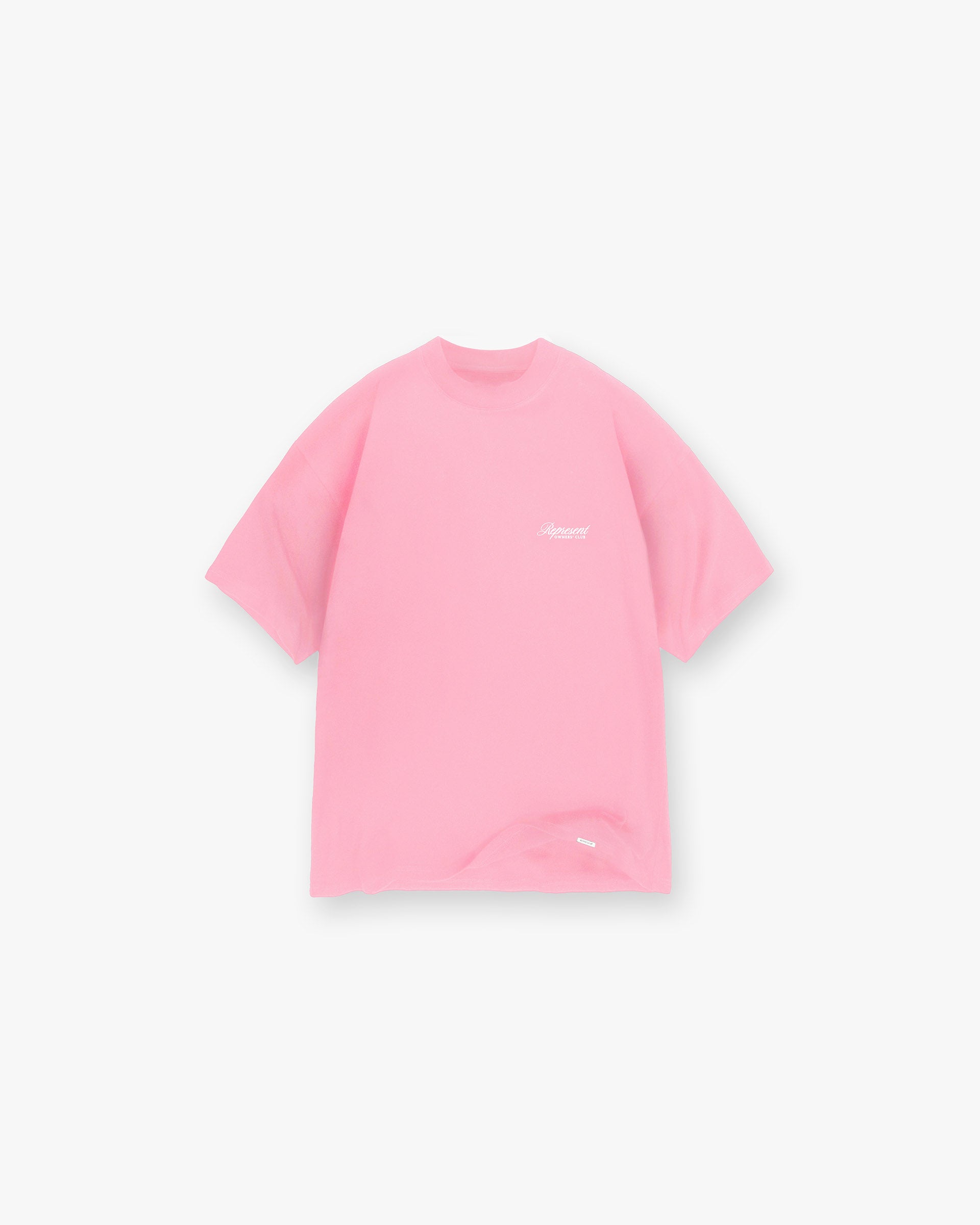 Back product image of a mens pink t-shirt on a plain white background | Represent Owners Club Script T-Shirt in Pink | Oversized t-shirt with ribbed crewneck collar | Owners Club T-Shirts | Represent Clo