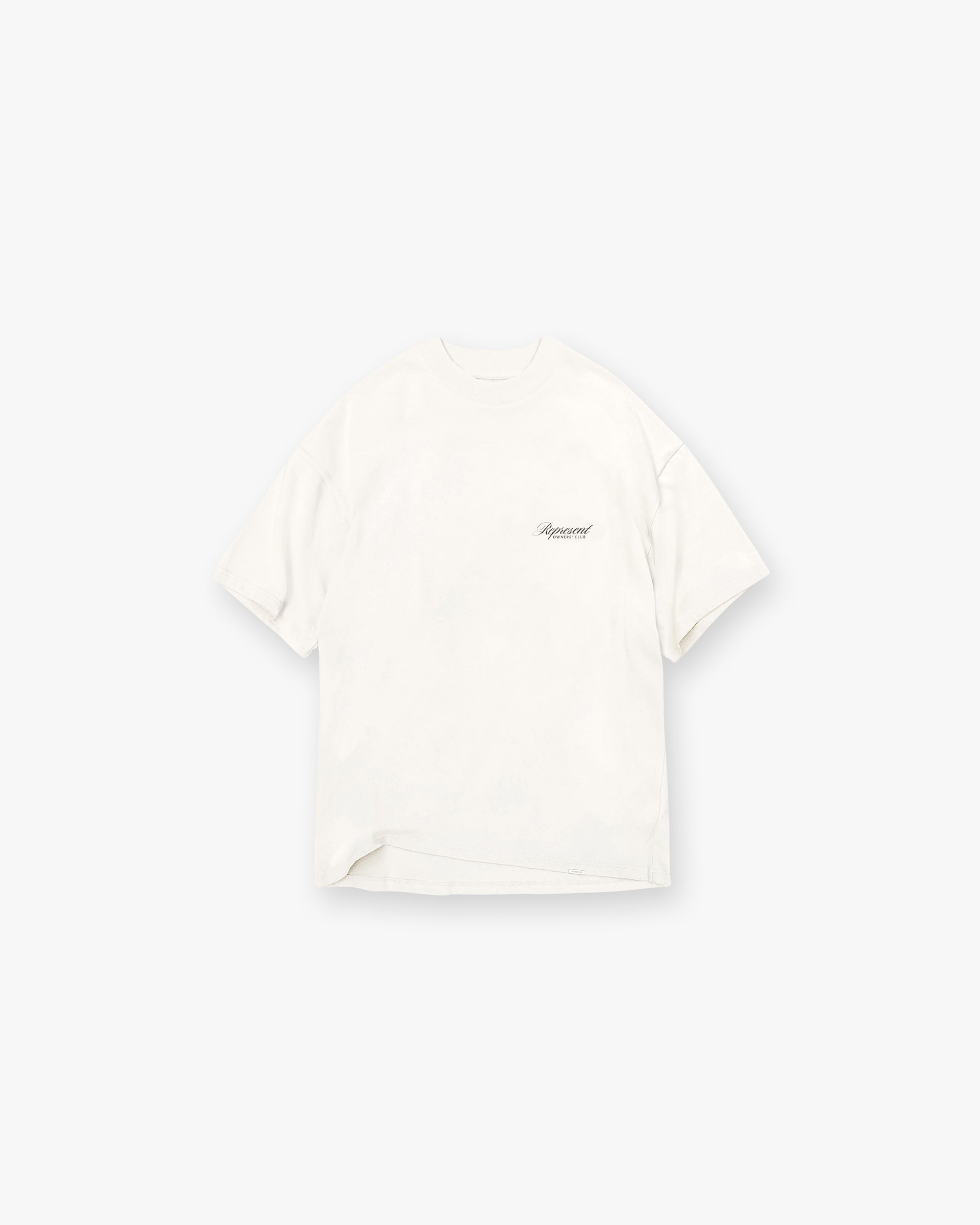 Back product image of a mens white t-shirt on a plain white background | Represent Owners Club Script T-Shirt in Flat White | Oversized t-shirt with screen printed graphic | Owners Club T-Shirts | Represent Clo