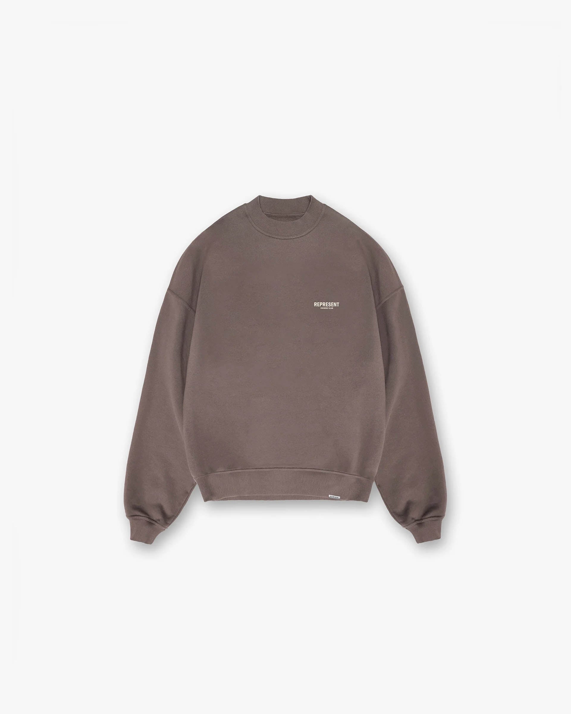 Back product image of a mens grey sweater on a plain white background | Represent Owners Club Sweater in Fog | Oversized crewneck sweater with pigment wash | Owners Club Sweaters | Represent Clo
