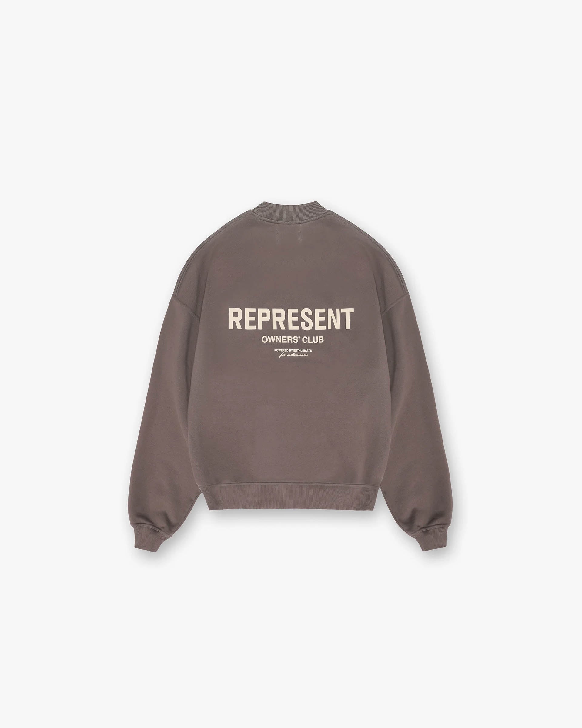 Front product image of a mens grey sweater on a plain white background | Represent Owners Club Sweater in Fog | Relaxed fit sweater with Owners Club logo print | Owners Club Sweaters | Represent Clo
