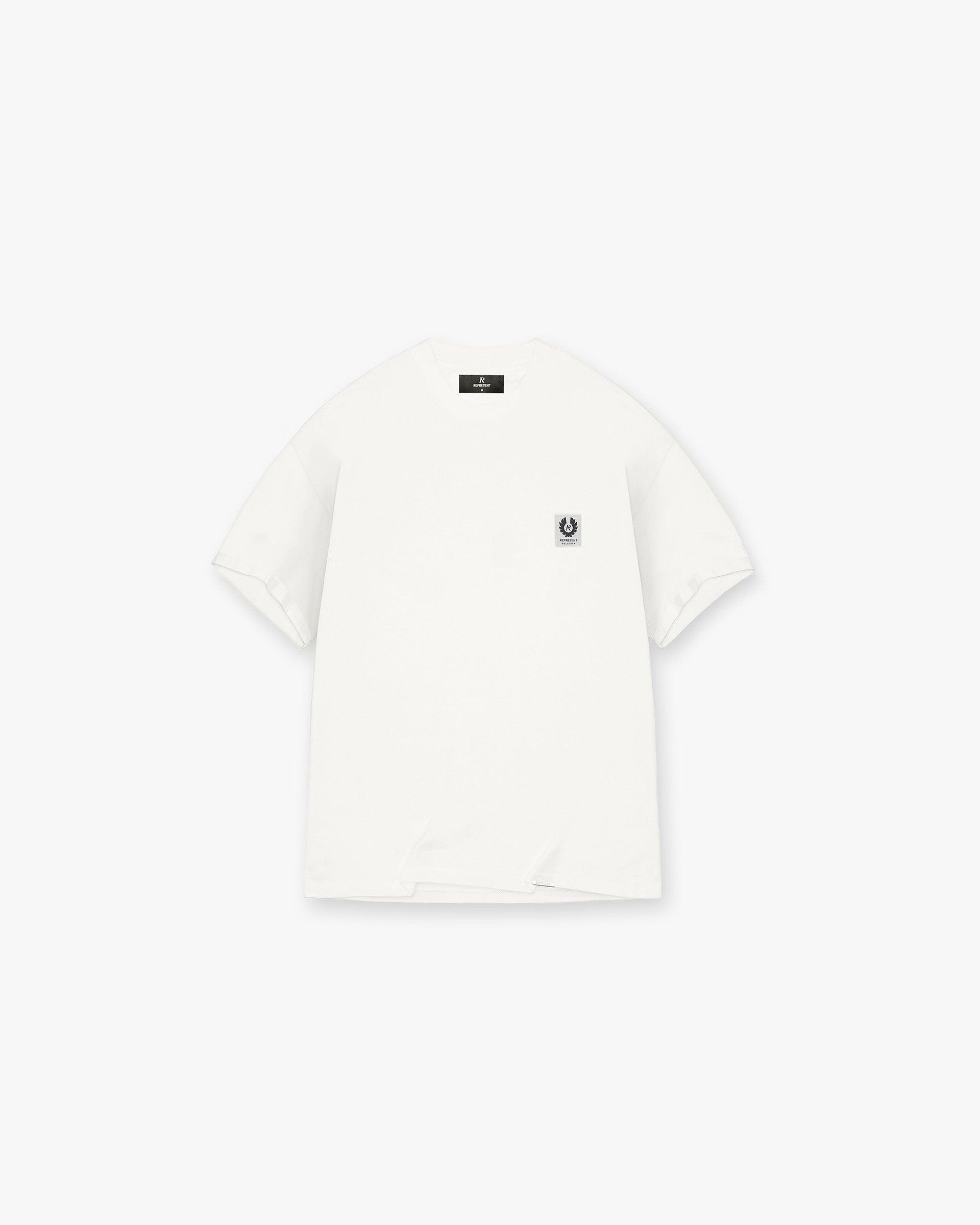 Product image of a mens white t-shirt on a plain white background | Represent X Belstaff Patch T-Shirt in Flat White | Oversized fit luxury cotton t-shirt | Exclusives T-Shirts | Represent Clo