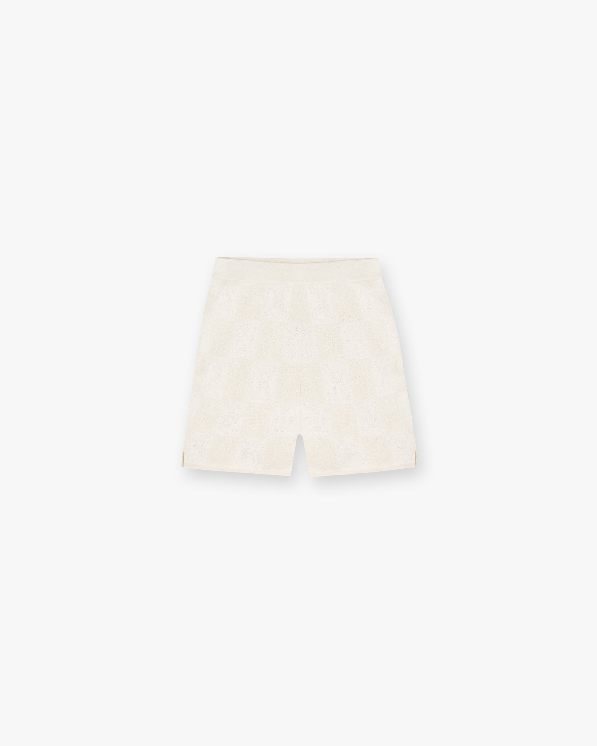 Front product image of mens cream shorts on a plain white background | Crochet Short in Cream | Knit shorts with intricate crochet design | SC24 Shorts | Represent Clo