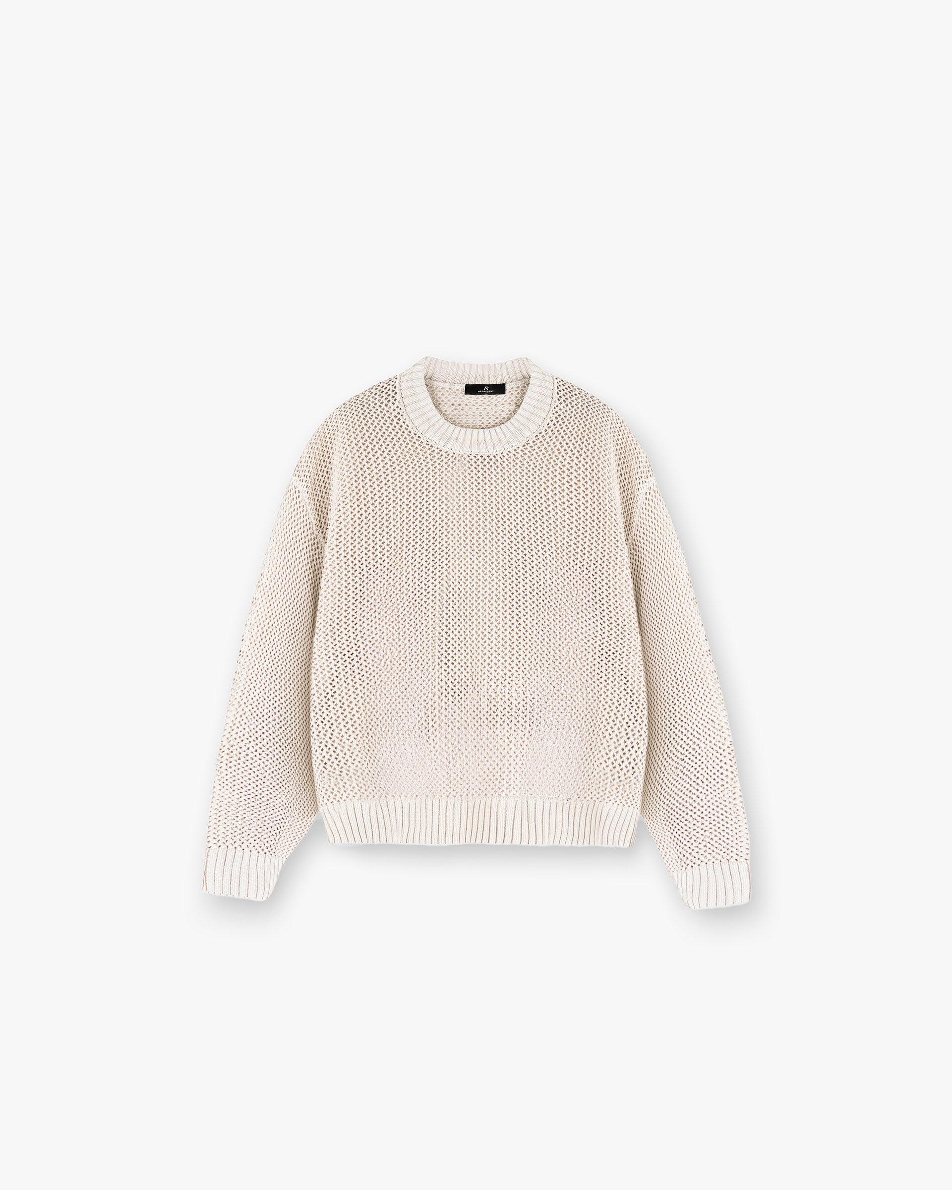 Front product image of a mens white knit sweater on a plain white background | Open Gauge Knit Sweater in Off White | Knit sweater with open gauge design | SS25 Knitwear | Represent Clo