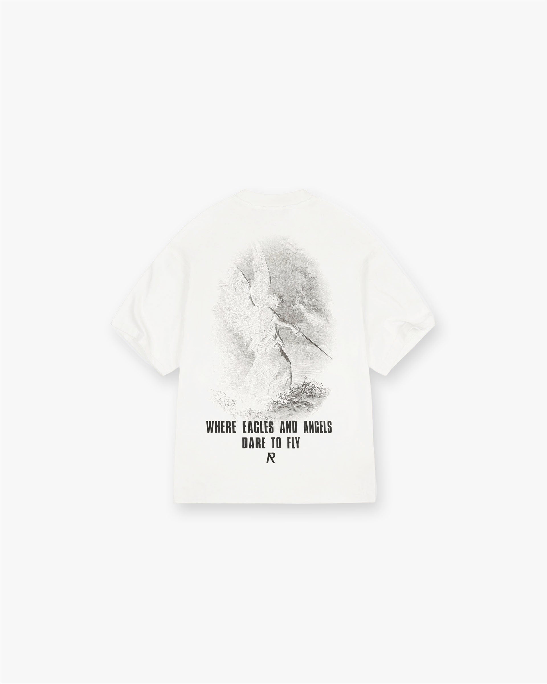 Back product image of a mens white t-shirt on a plain white background | Godspeed T-Shirt in Flat White | Oversized t-shirt with cracked graphics and raw hem | FW24 T-Shirts | Represent Clo